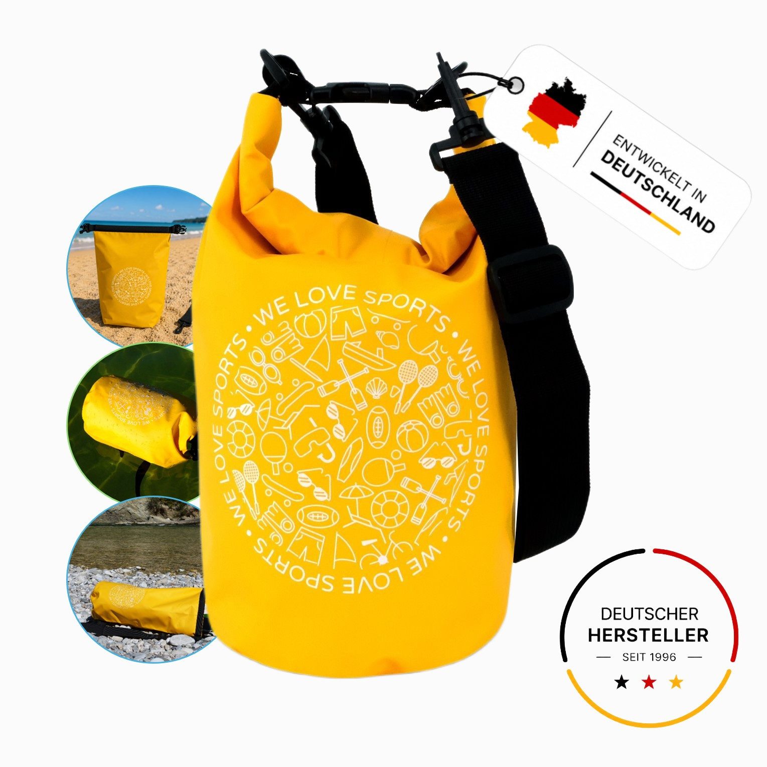 FASports Drybag Wasserdichte Tasche Aquino, Gelb, Seesack/Packsack mit Tragegurt (1-tlg., H: 35 cm, Ø 18 cm), 5 Liter