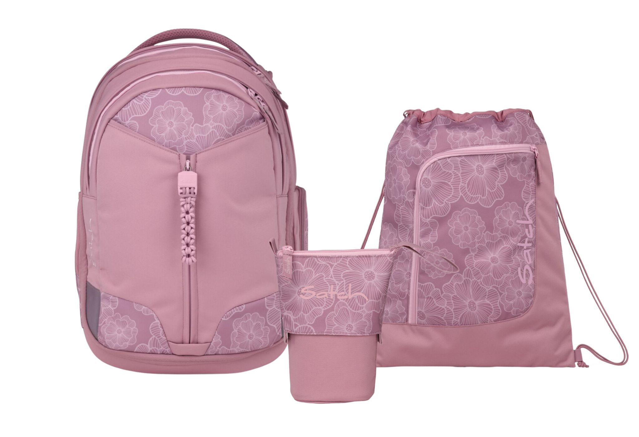 Satch Schulranzen Schulrucksack-Set MATCH Magnolia Dream 3-teilig (3-teilig), Schulranzen, ergonomisch, 30 + 5 Liter, 4 Fächer