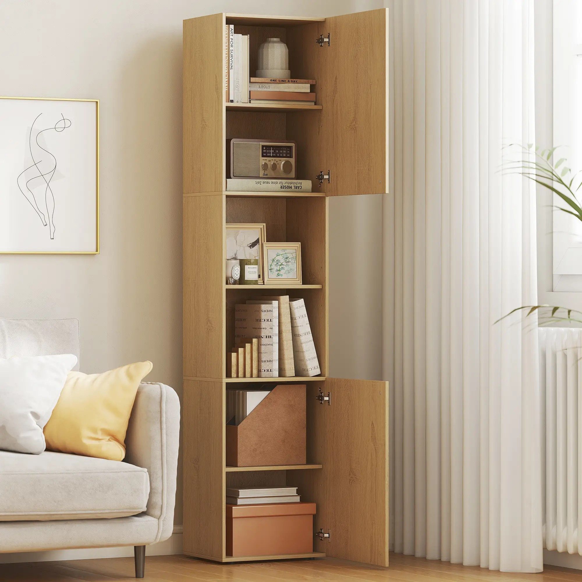 BlingBin Badkommode Badezimmerschrank hoch schmal Badschrank Hochschrank mit 2 Türen (1er Set, 1 St., 40 x 31 x 182 cm), Verstellbaren Ablagen, 2 offenen Fächern für Badezimmer, Wohnzimmer