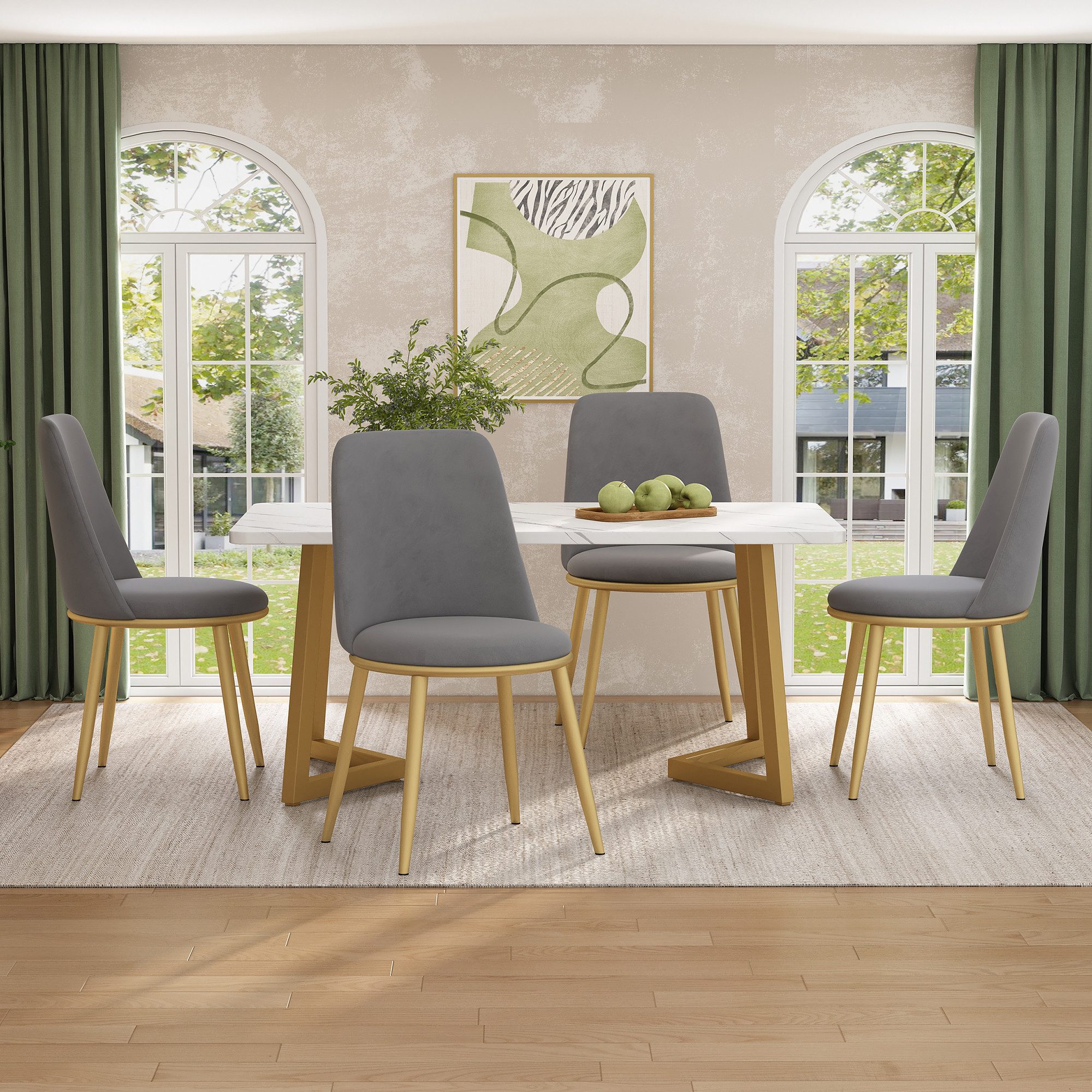 Ulife Essgruppe Moderner Küchentisch Set,Samt Rundsitze,Weiß MDF  Tischplatte, (5-tlg), 117×68×75cm Esstisch mit 4 Stühlen