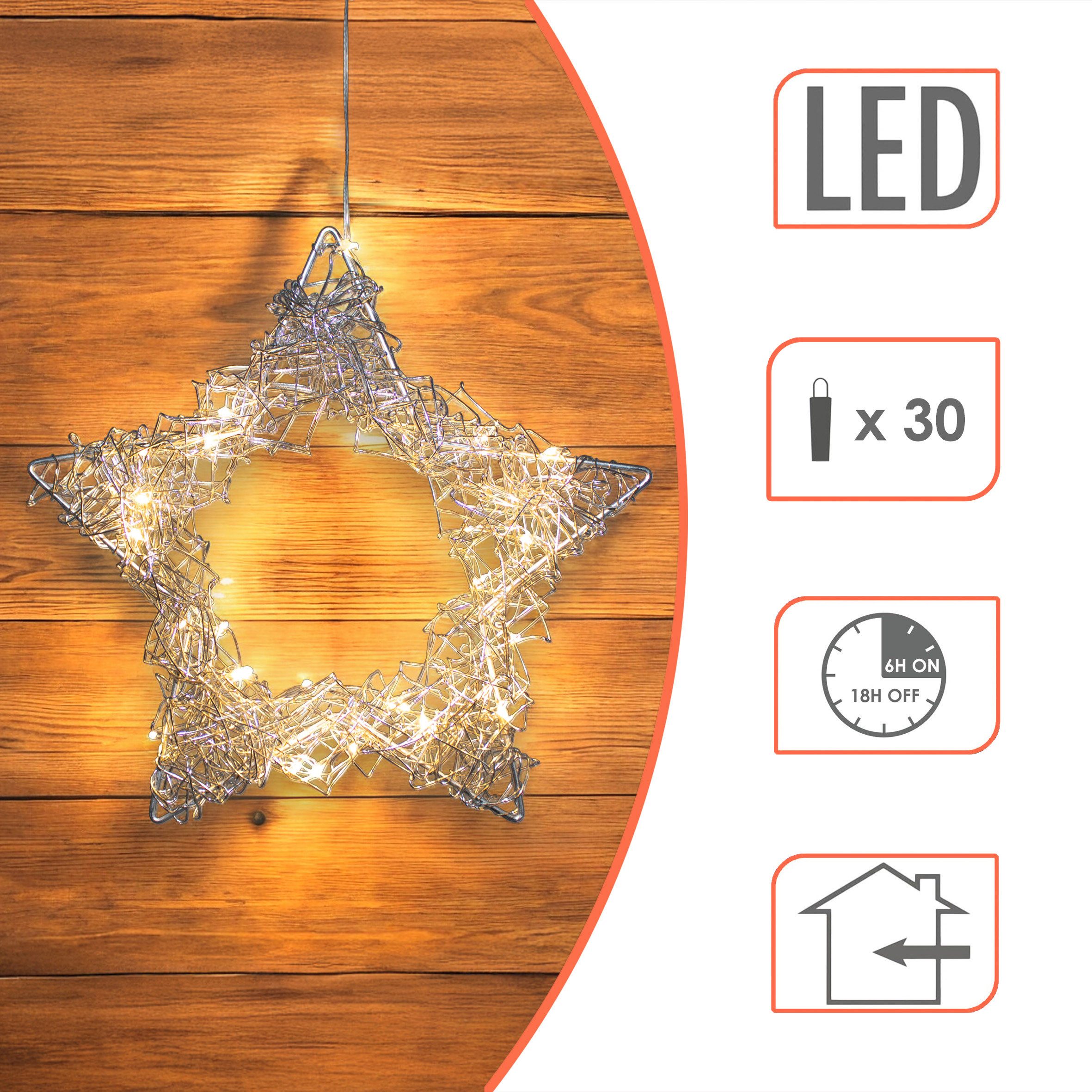 Spetebo Dekokranz LED Draht Stern zum Hängen 30cm mit Timer - silber, Fenster Deko Weihnachten Advent 35 LED warm weiß mit Timer