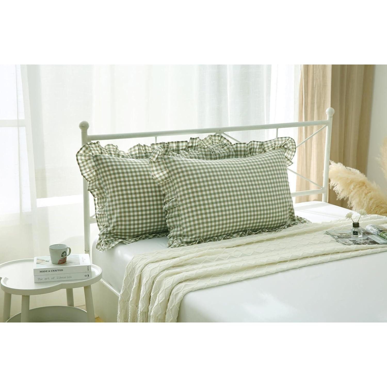 LuxusKollektion Kissenbezüge Kissenbezüge Salbei-Weiss Karo 40x60 2er-Set, (2 Stück)