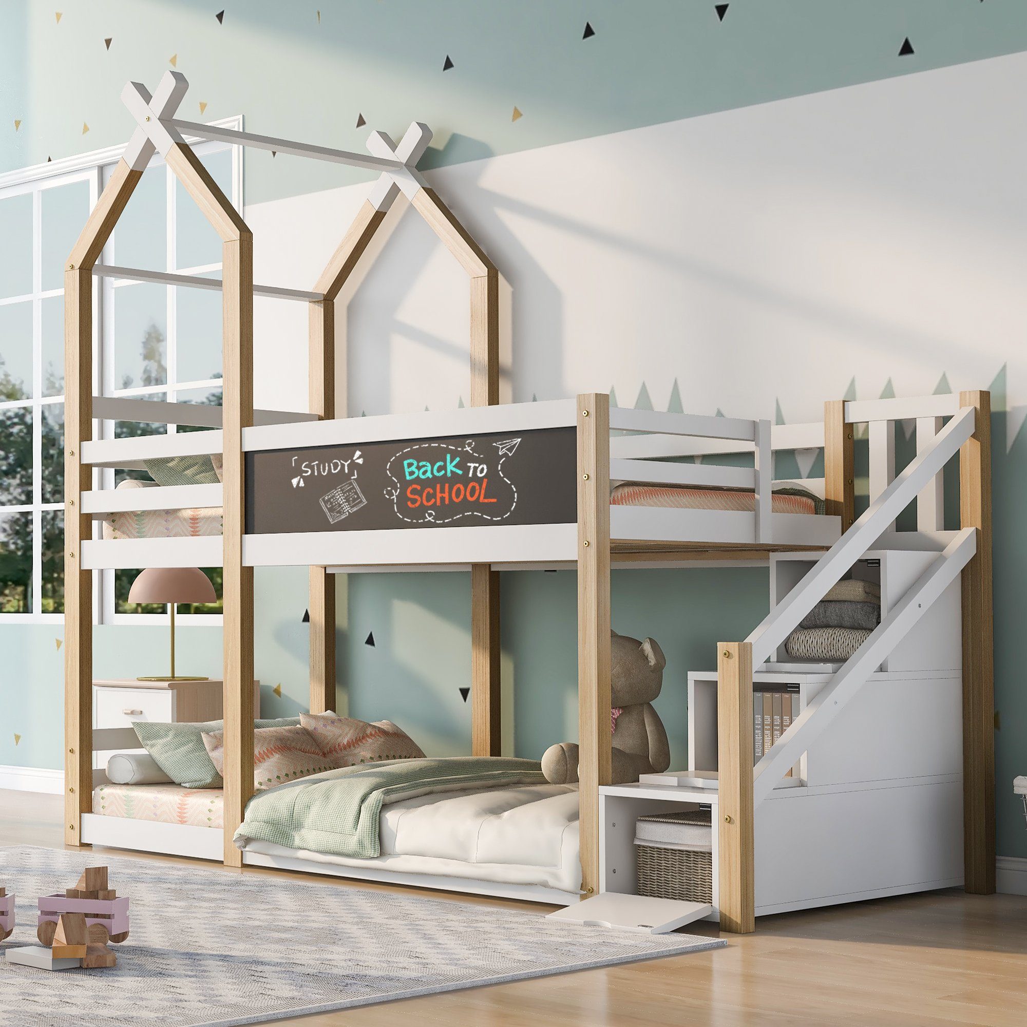 OKWISH Etagenbett Kinderbett (mit Speicherung und Rausfallschutz), Hochbett für Kinder– 2x Lattenrost- Natur & Weiß(ohne Matratze)