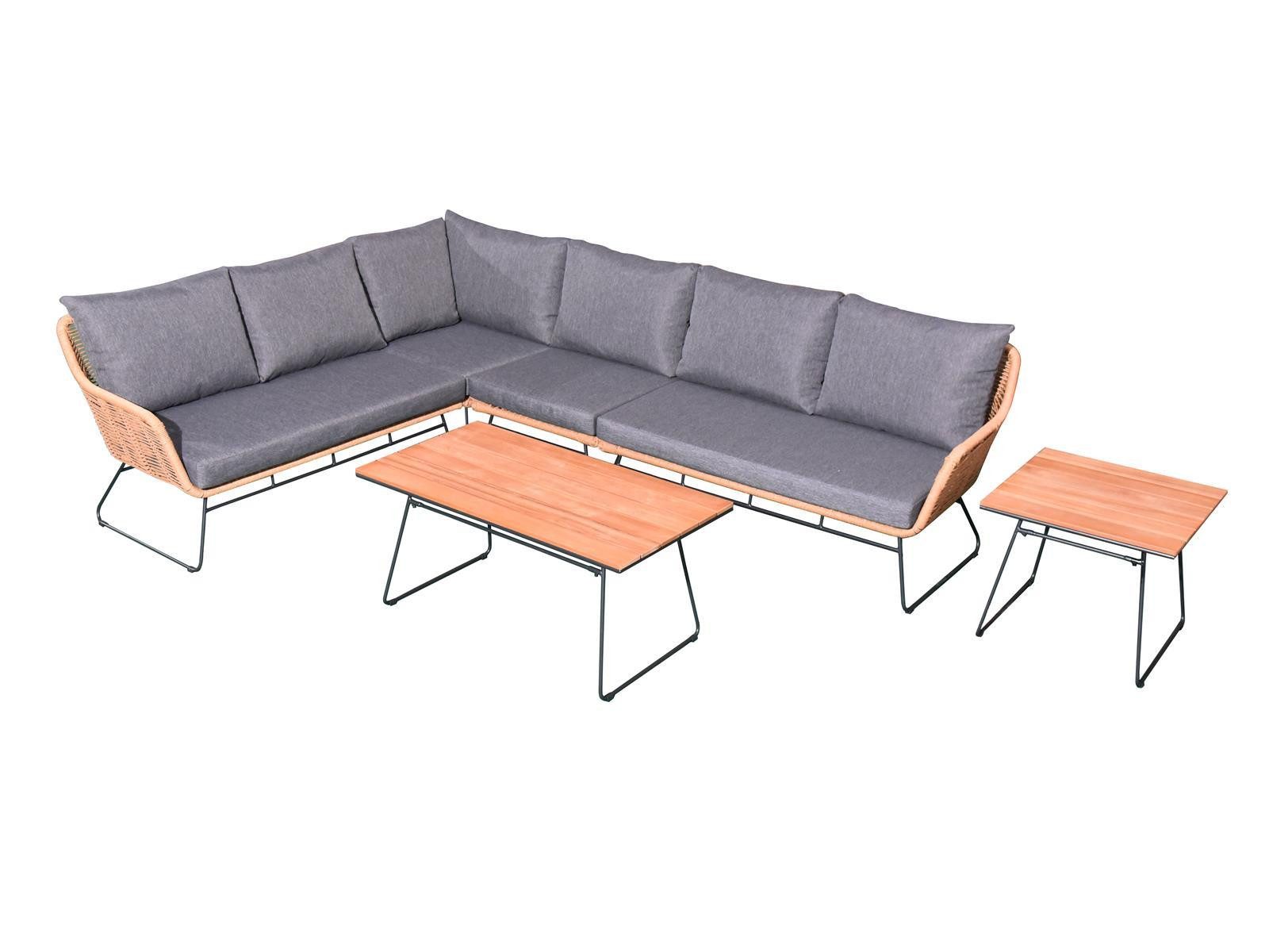 bellavista - Home&Garden® Gartenlounge-Set »Montreux« Lounge Set Rattan Ecklounge Loungemöbel Gartenmöbel Gruppe, (Set, 6-tlg., Teakholz-Tischplatte), grau, Polyrattan, für 5 Personen, wetterfest - Garten, Terrasse