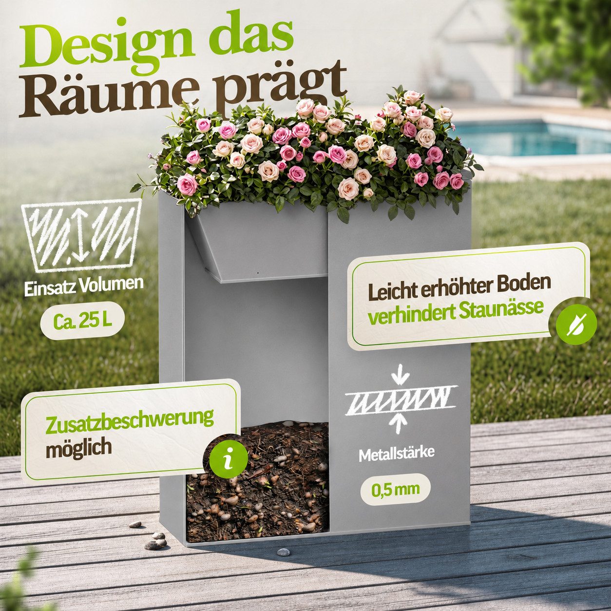 VIVANNO Pflanzkübel pulverbeschichtetes Stahlblech ELEMENTO Kasten - Grau Matt (1 St), 75x25x90 cm – Bild 5 von 5
