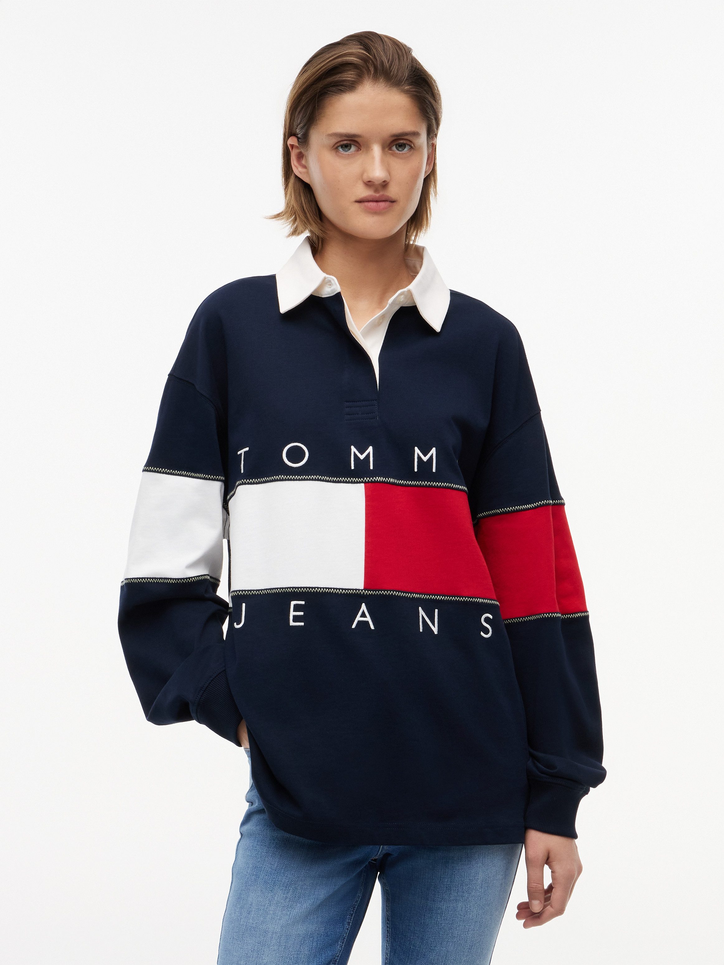 Tommy Jeans Sweatshirt TJW OVS FLAG RUGBY EXT Baumwolle, Logodruck