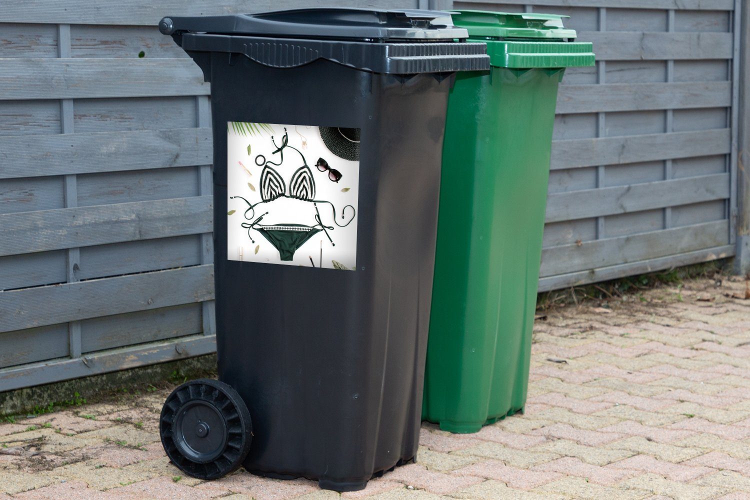 MuchoWow Wandsticker Bikini - Schwarz St), Sticker, (1 Mülleimer-aufkleber, - Mülltonne, Container, Abfalbehälter Weiß