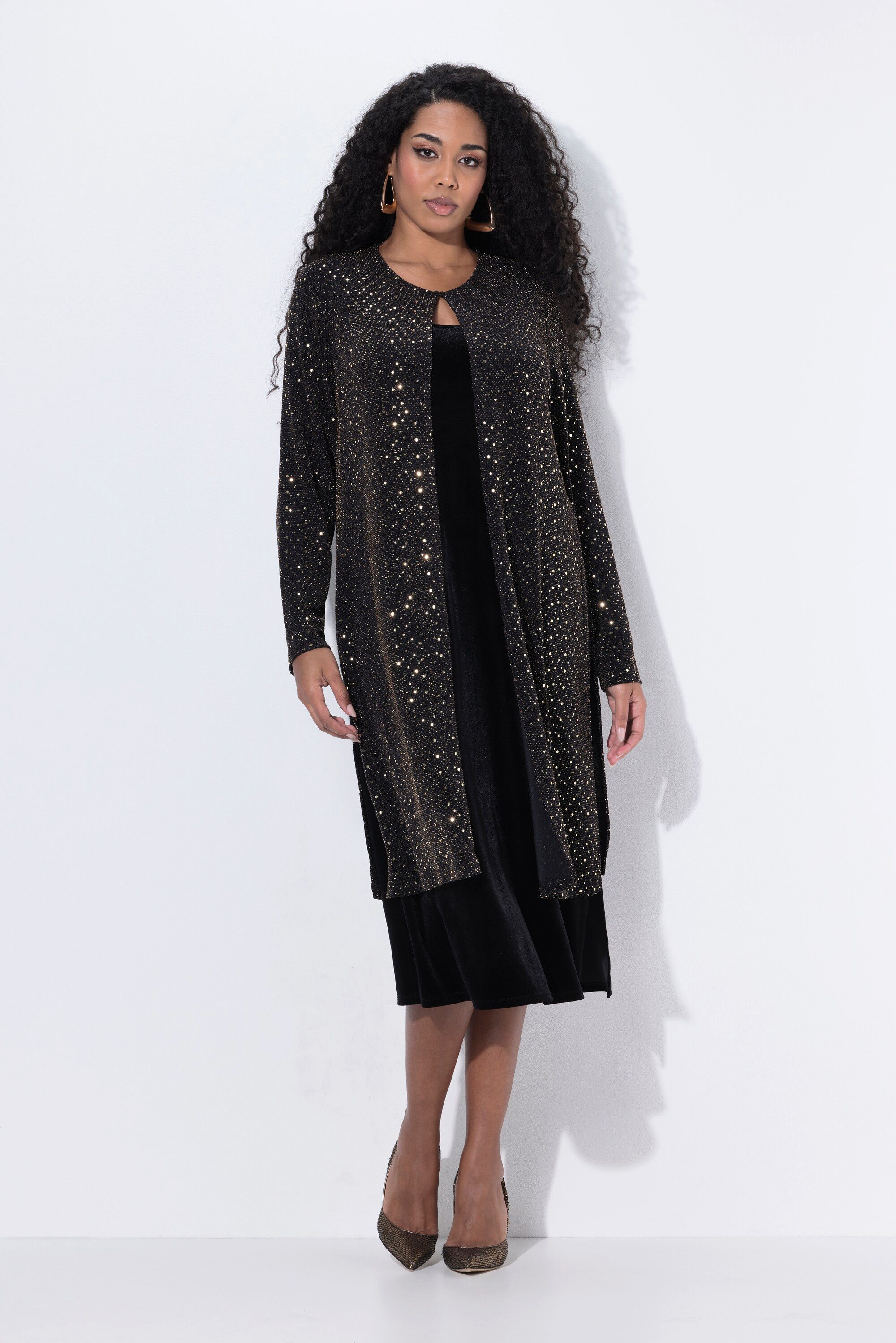 Ulla Popken Kimono Jacke lange offene Form Glitzer-Mesh Pailletten, Langfor günstig online kaufen