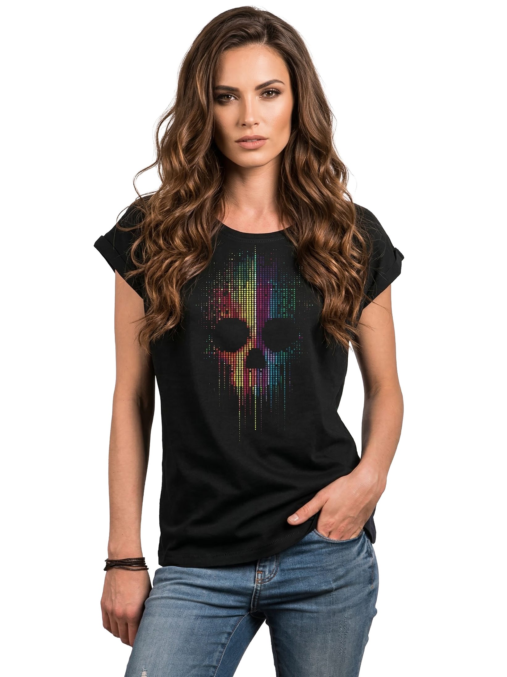 MAKAYA T-Shirt Cooles Gothic Damen-Top mit buntem Skull-Print – Festival-Style (Schwarz, Blau, 34, 36, 38, 40, 42, 44, 46, 48, 50) Baumwolle