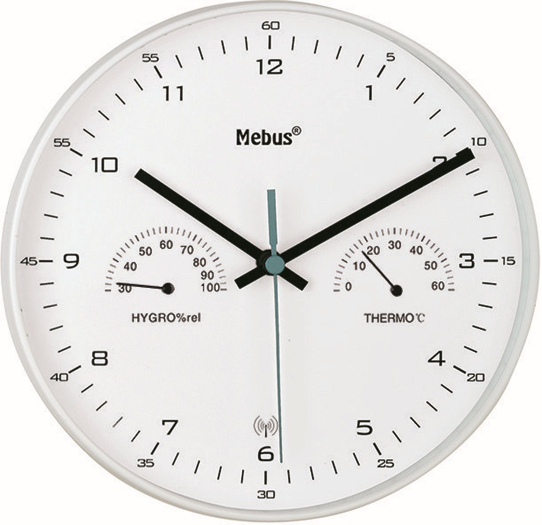 Mebus Funkwanduhr Funk-Wanduhr mit Thermometer/ weiß Hygrometer