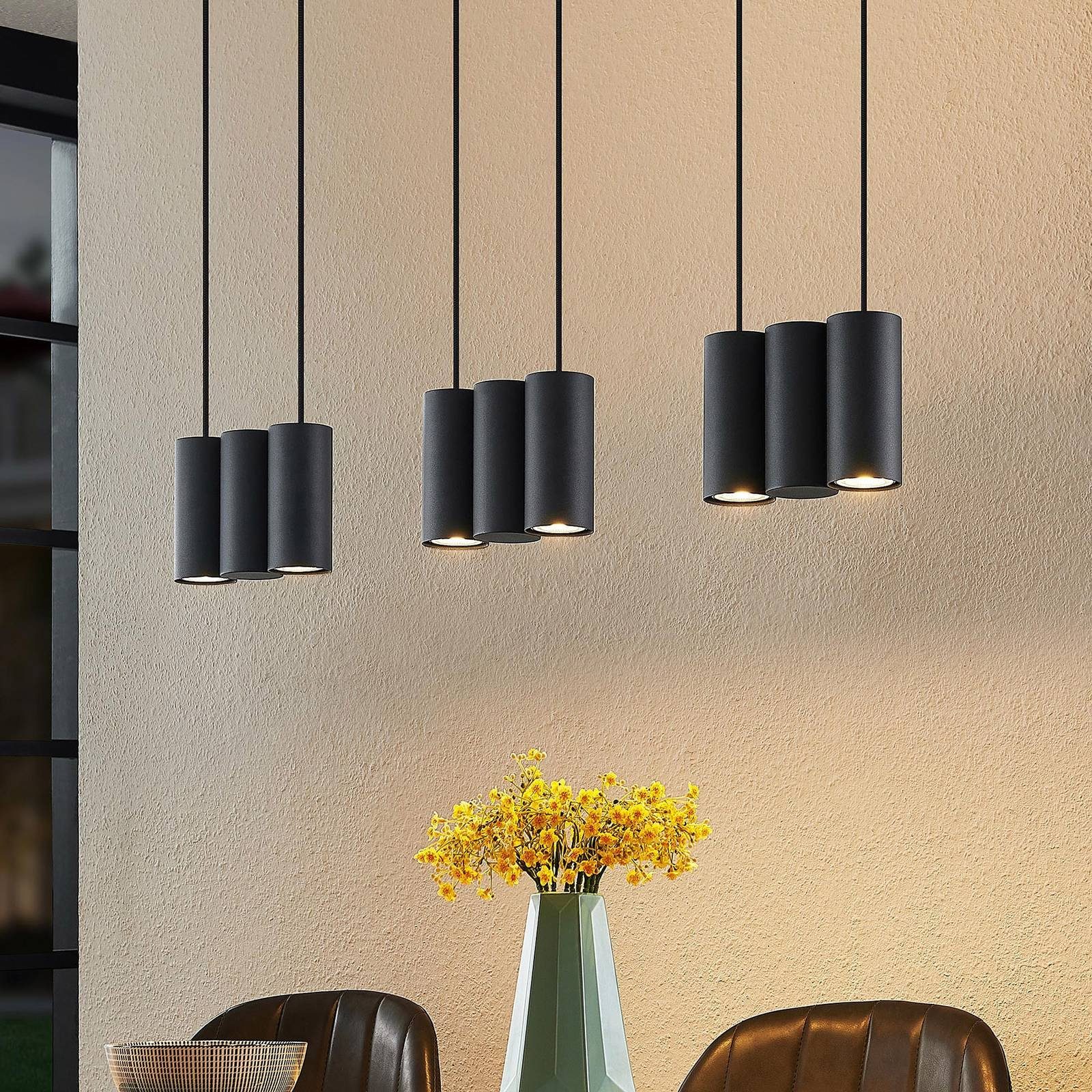 Lucande Hängeleuchte Cesur, dimmbar, Leuchtmittel nicht inklusive, Modern, Stahl, sandSchwarz, 9 flammig, GU10, Deckenlampe