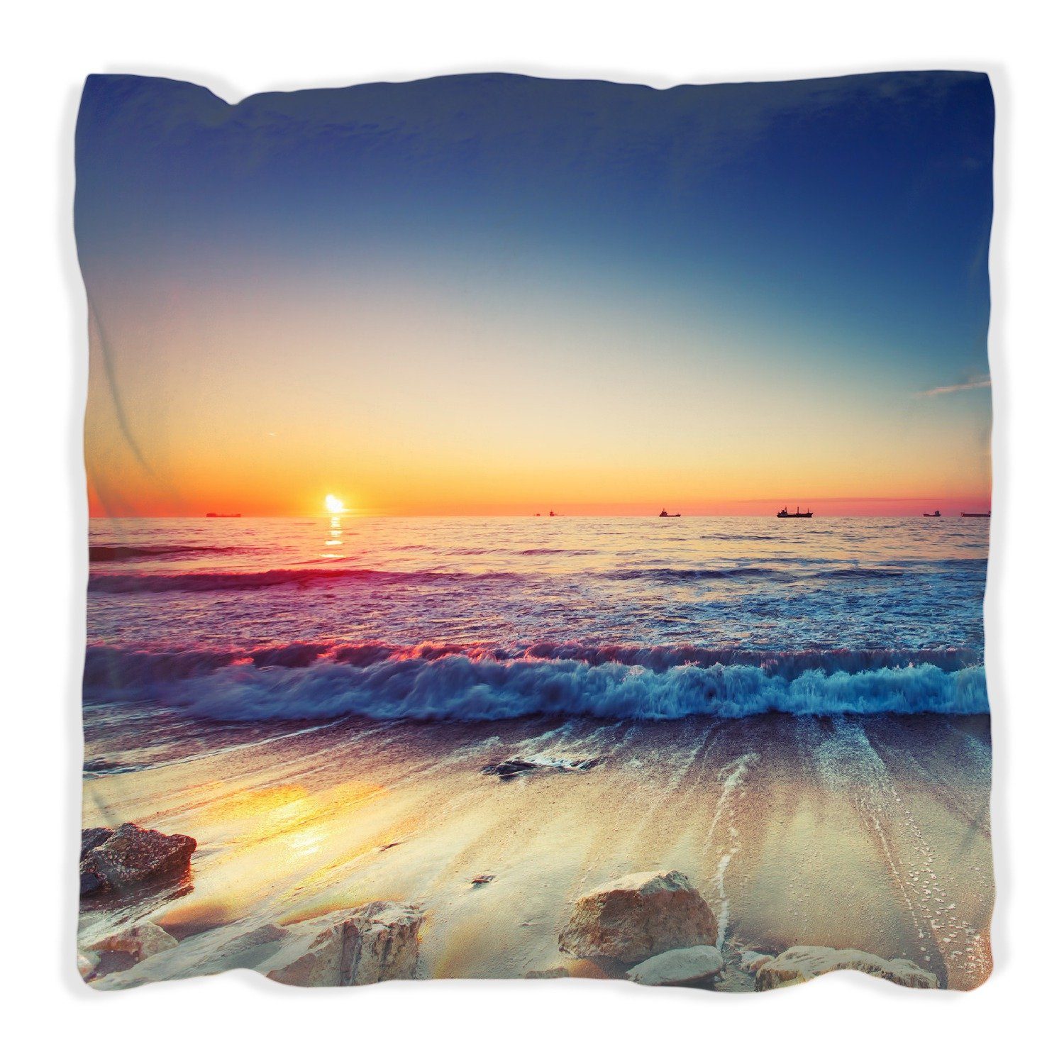 Wallario Dekokissen Sonnenuntergang am Meer mit Wellen am Strand, handgenäht