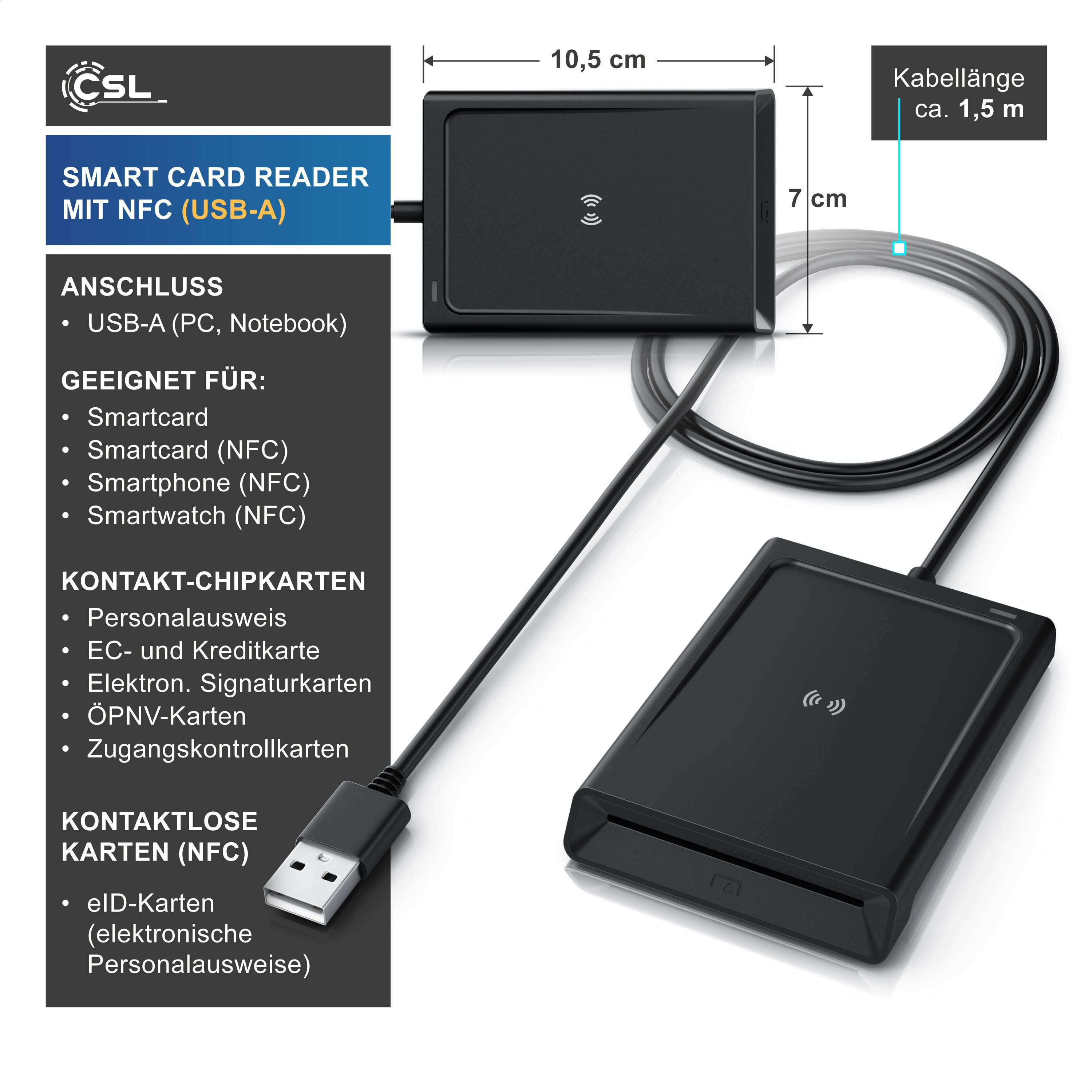 CSL Speicherkartenleser USB Smart Card Reader mit NFC, Chipkartenleser, SIM Kartenlesegerät, für Personalausweis Gesundheitskarte Bankkarte, Win 11 komp.