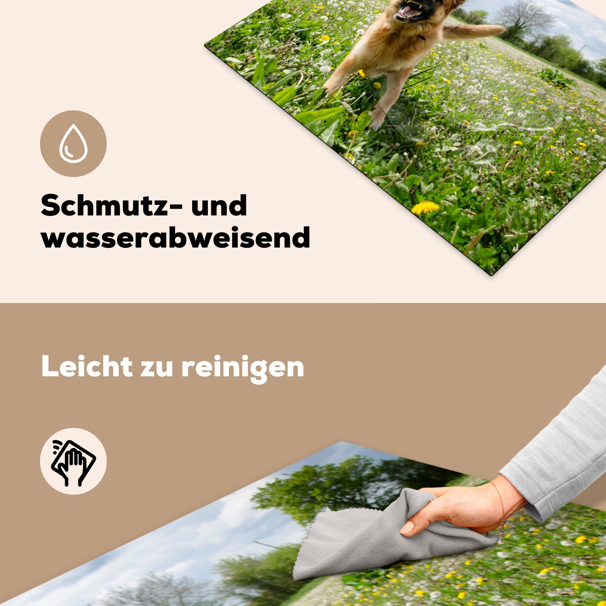 Vinyl, Schäferhund cm, Mobile Deutscher nutzbar, zwischen Herdblende-/Abdeckplatte MuchoWow Arbeitsfläche den Ceranfeldabdeckung (1 70x52 tlg), Blumen,