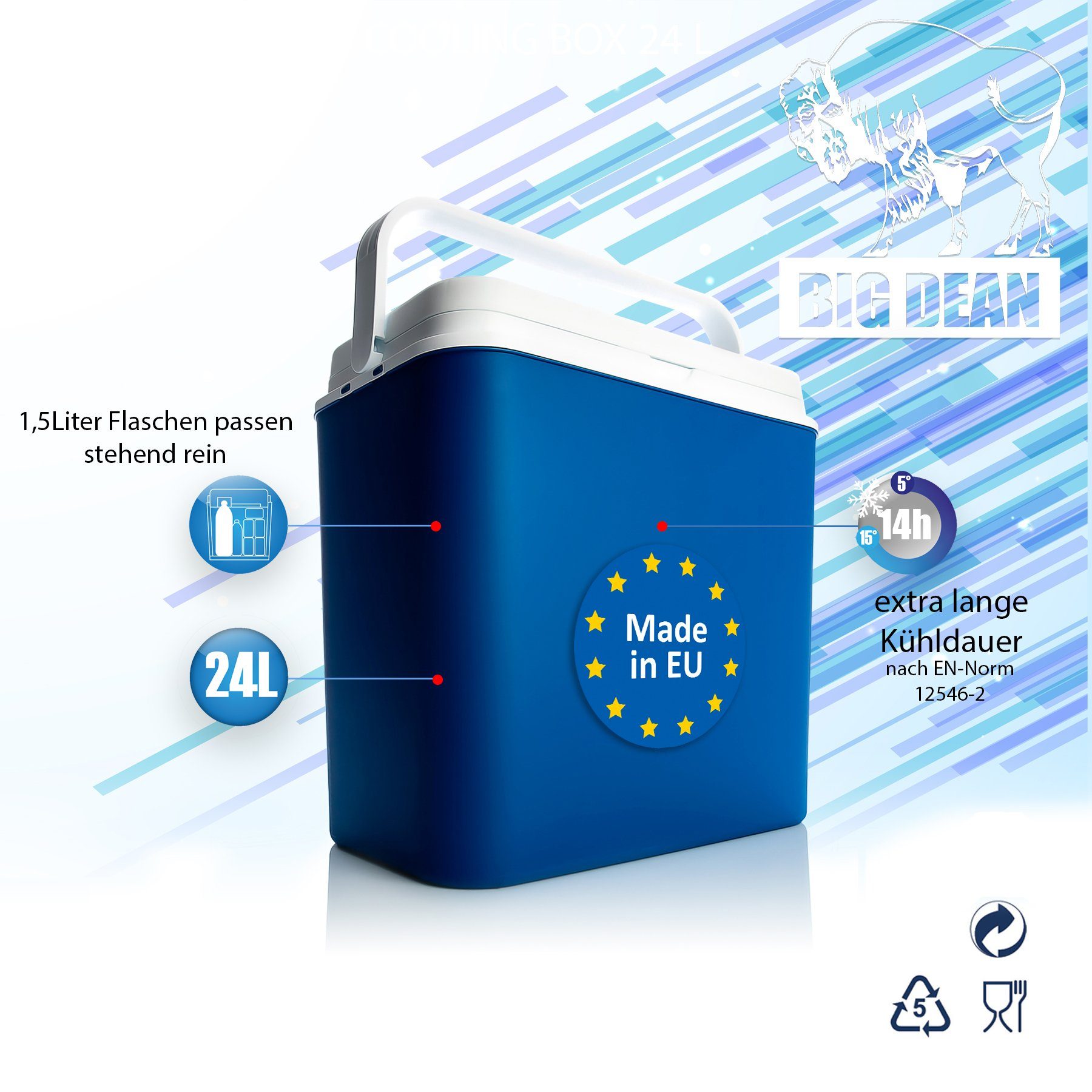 BigDean Outdoor-Flaschenkühler Kühlbox 24 Liter blau + 6 Kühlakkus bis zu 9 Std. Kühlung Kühltasc, 24L Kühlbox, Klassisch, bis zu 14h kühlung, Inklusive Akkus