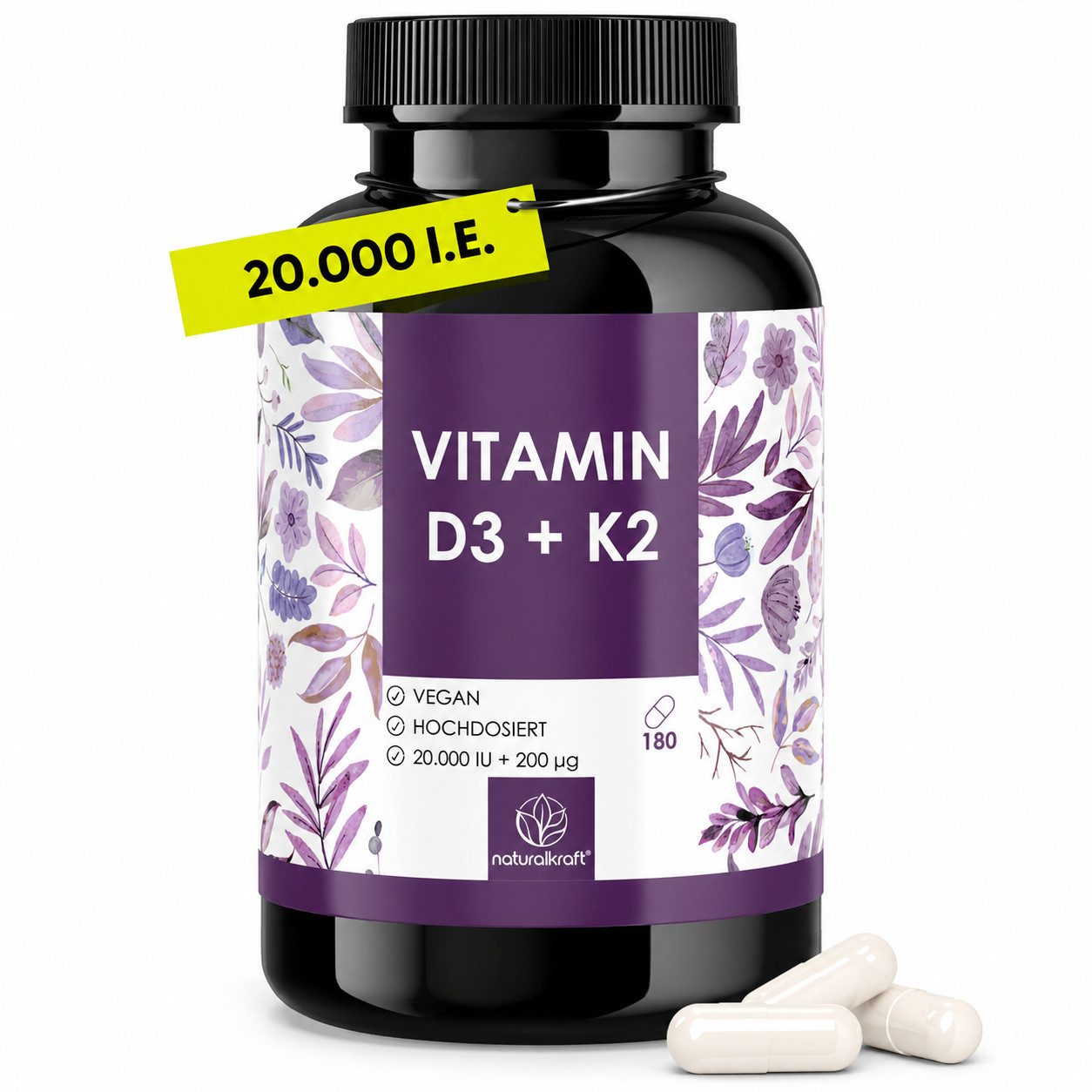 Naturalkraft Vitamin D3 + K2, 20.000 IE + 200 mcg, 180 Stk. - Hochdosiert - Vegan Kapseln, 108 g