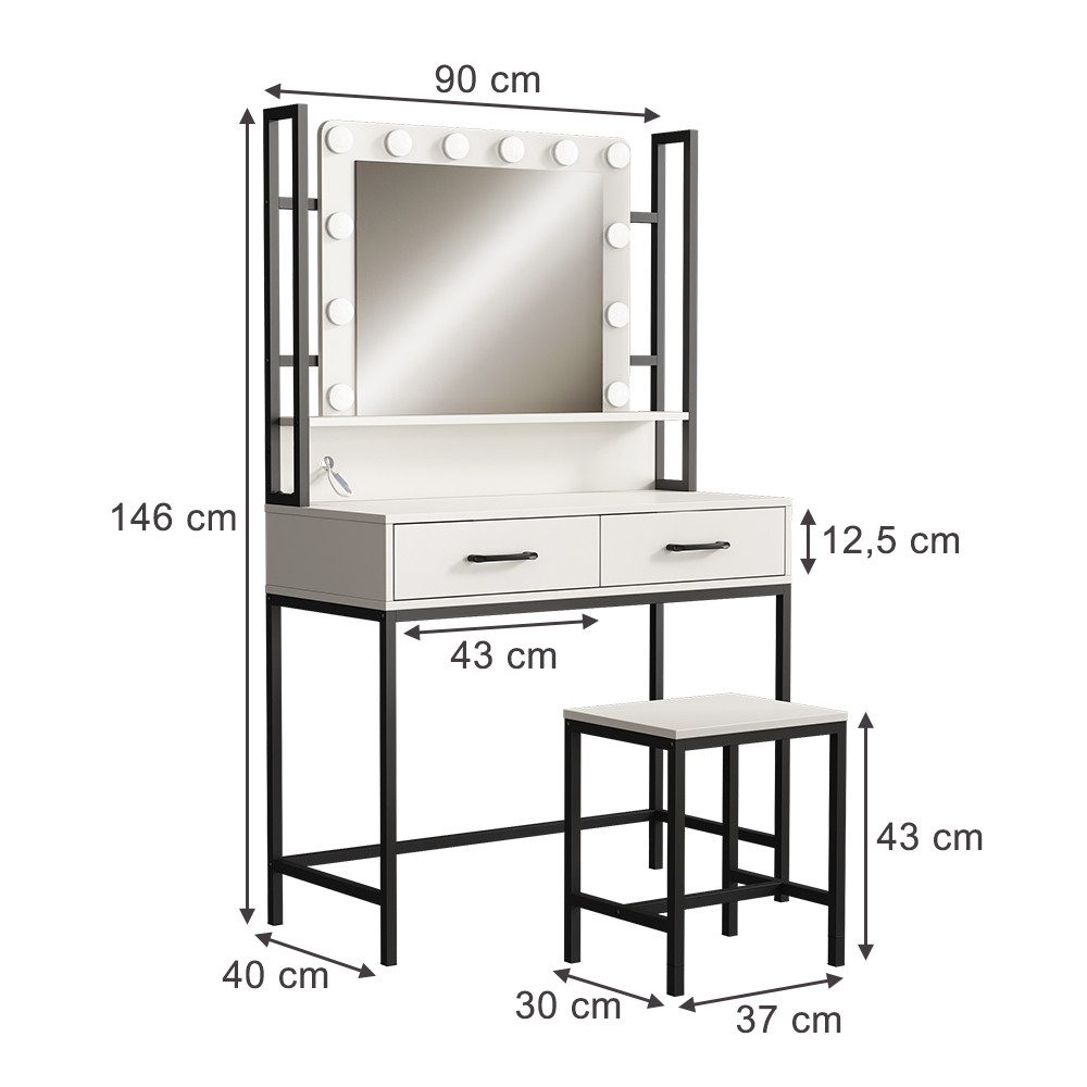 Vicco Schminktisch Luvia, Weiß/Schwarz, 90 cm mit LED-Beleuchtung und Hocke günstig online kaufen