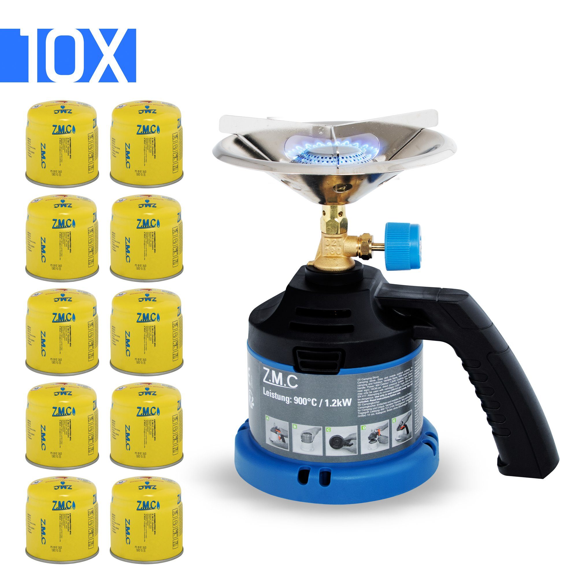 ZMC Gaskocher Tragbare Gaskocher Campingkocher mit Griff + 10x Gaskartuschen 190g, (Kartuschenkocher Geeignet für Camping, Indoor, Indoor/Outdoor, Outdoor, Wandern), 1,2KW Leistung: 900 C Stechkartusche Kohleanzünder Herd Kochfeld