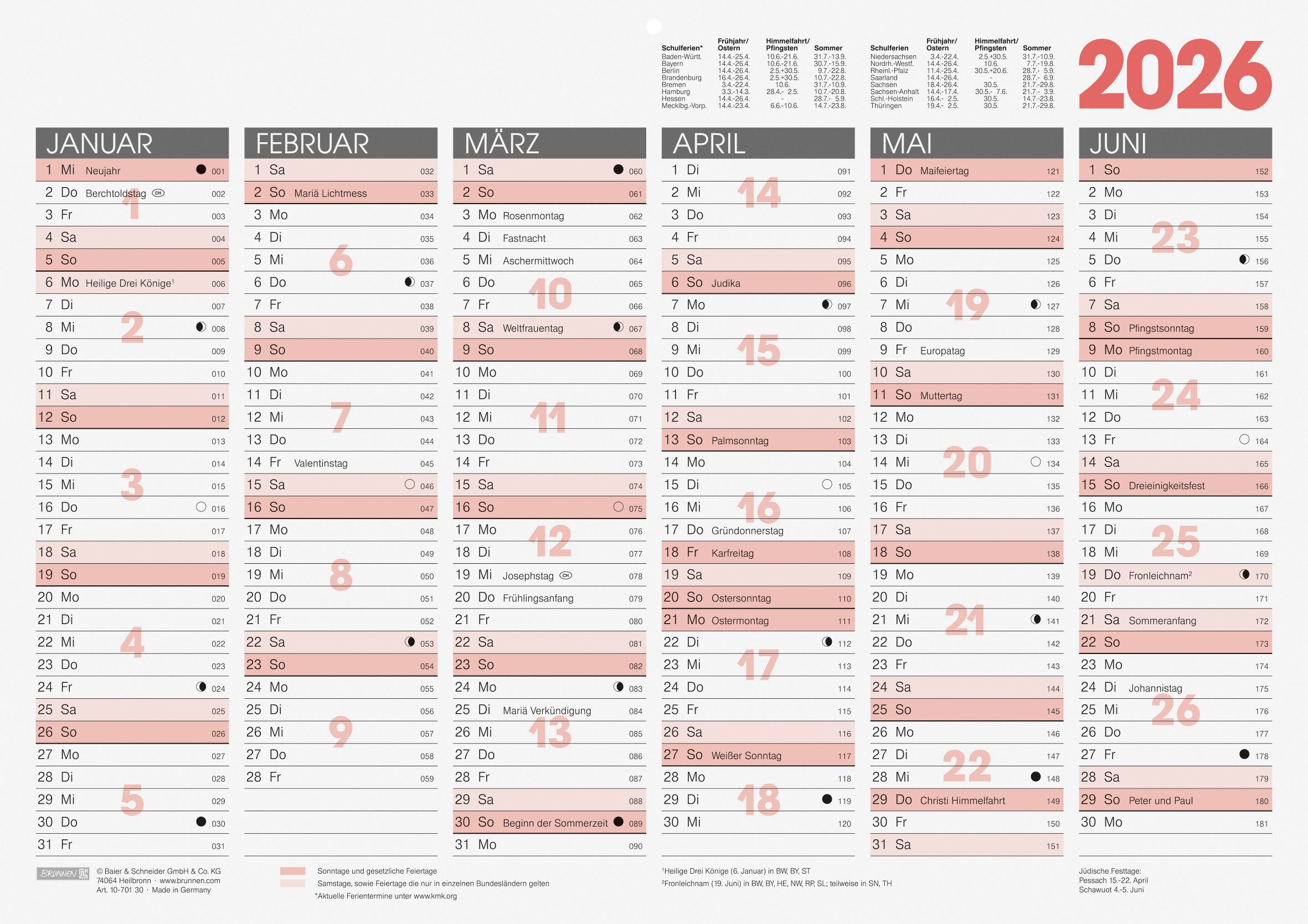 BRUNNEN Wandkalender 2026 Brunnen Tafelkalender A3 quer