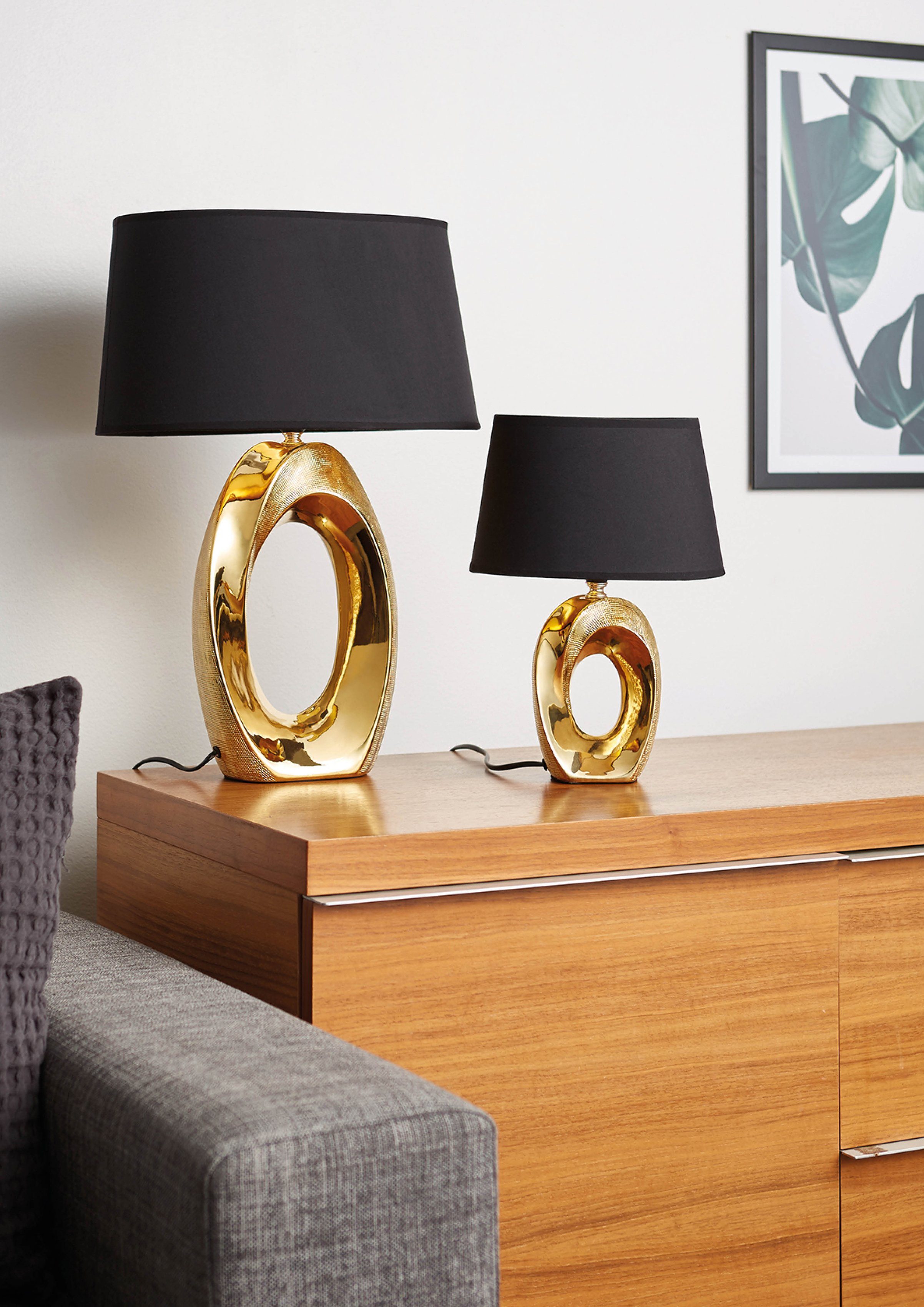Reality Leuchten Schreibtischlampe Taba, ohne Leuchtmittel, Nachttischlampe, Tischlampe golfarbig, Stoffschirm in schwarz/gold