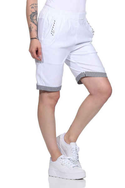 Aurela Damenmode Shorts Bermuda Maritime Damen Sommer Shorts Strandbermuda auch in großen Größen erhältlich, mit elastischem Bund, mit maritimen Details