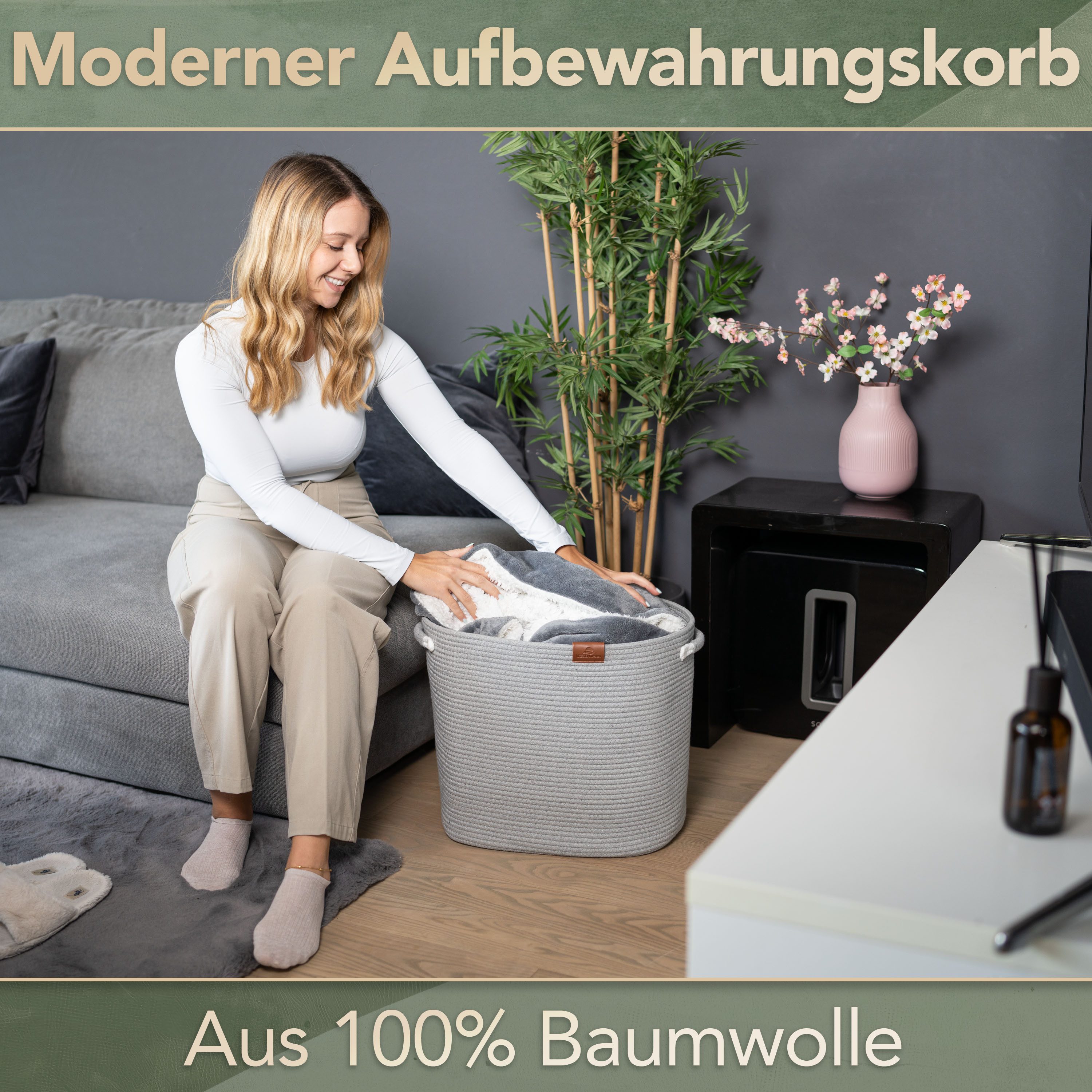 WIESEN.design Aufbewahrungskorb MATTEO 42x30xH38 cm 48 L, Wäschekorb geflochten aus Baumwolle (faltbarer Wäschekorb, Wäschetonne, laundry basket, Wäschesammler, Aufbewahrungskorb groß, Korb geflochten), inkl. schwerem Wäschesack, gratis Versand