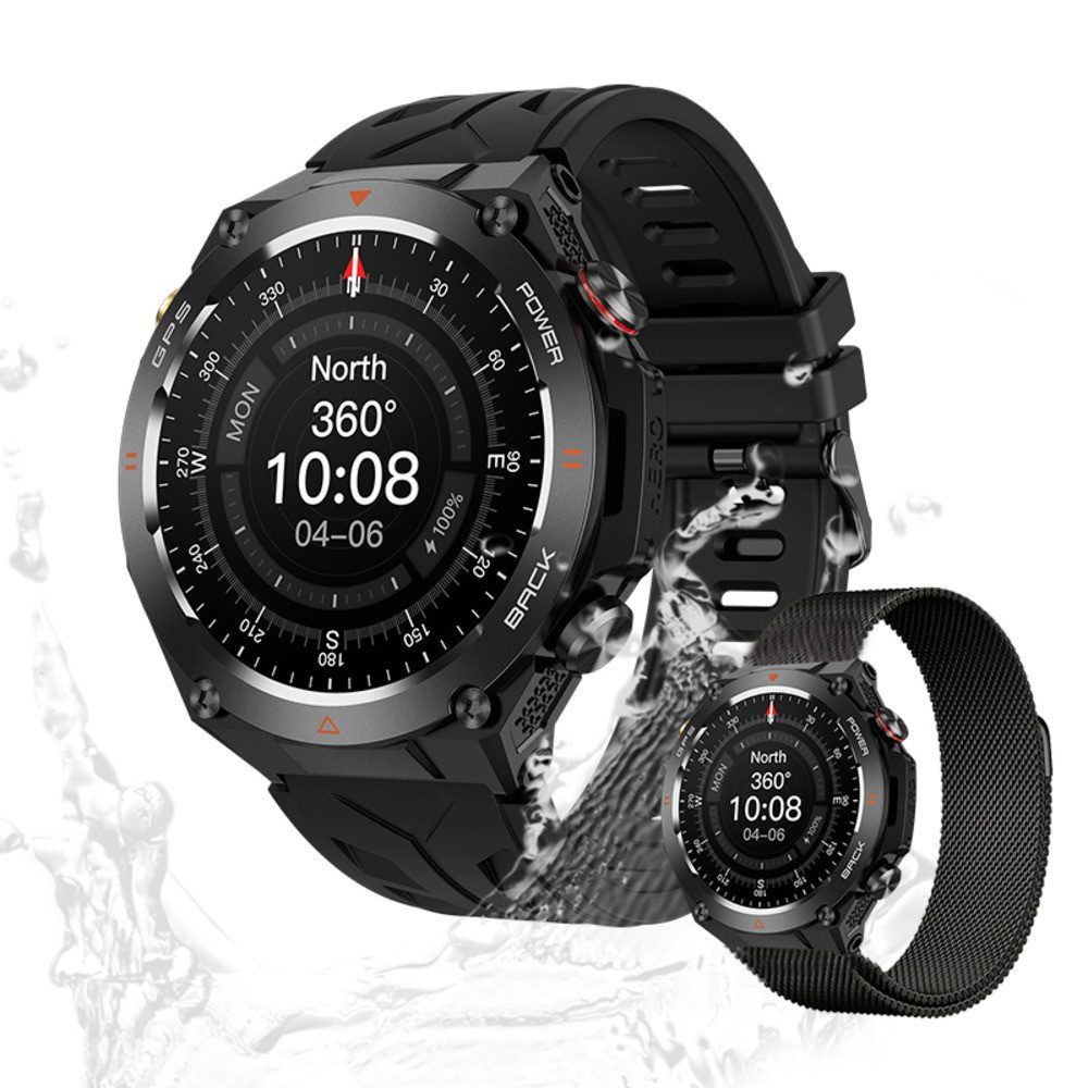 Valdus Herren's 1ATM Wasserdicht 650mAh Akku Fitness-Tracker Telefonfunktion Smartwatch (3,6 cm/1,4 Zoll, Android/iOS), mit austauschbarem weichem Mesharmband, mit GPS, Herzfrequenz-, Blutdruck- & SPO2-Sensoren beste funktions