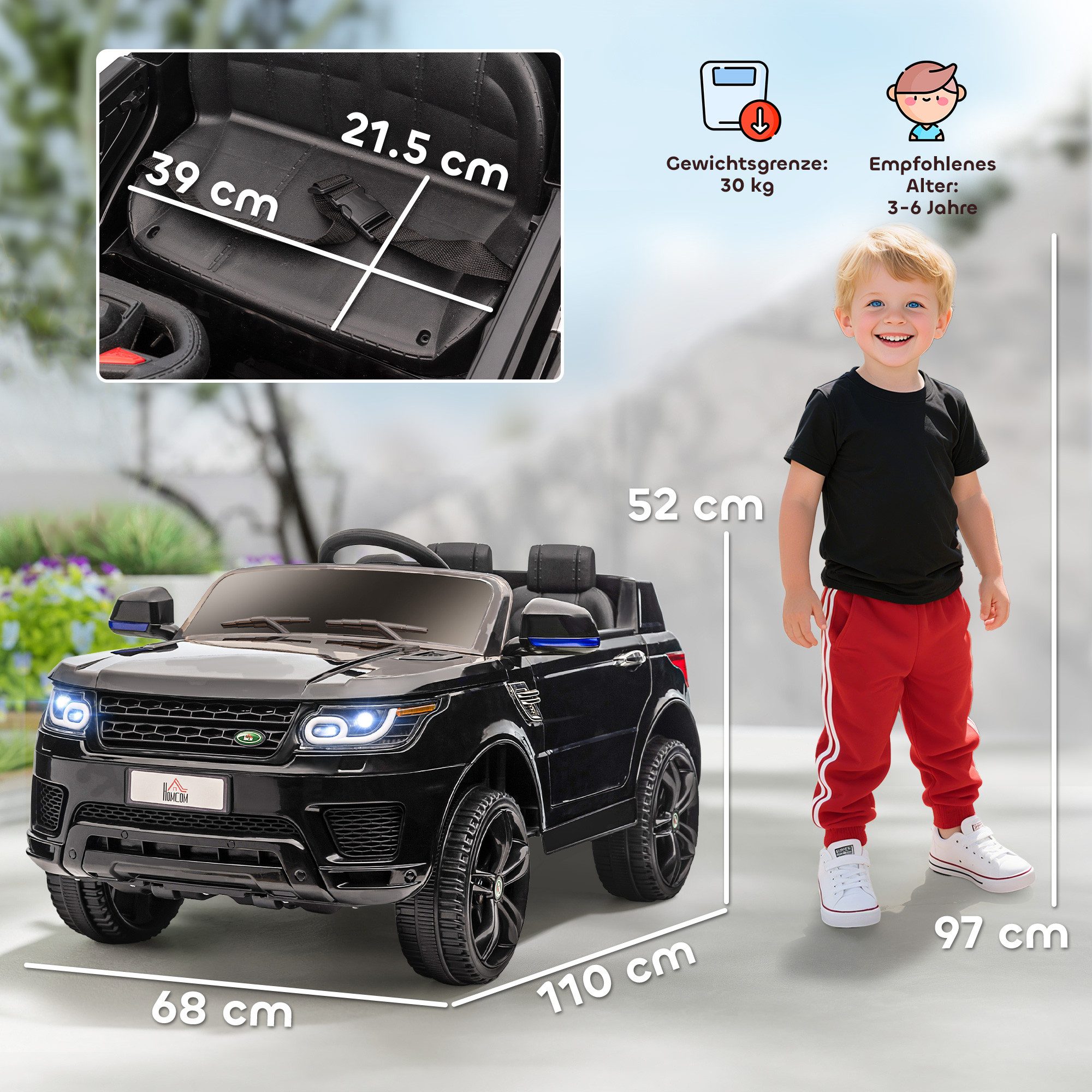 HOMCOM Elektro-Kinderauto Kinder-SUV mit Sicherheitsgurt, Belastbarkeit 30 kg, (1-tlg), Schwarz 110 x 68 x 52 cm