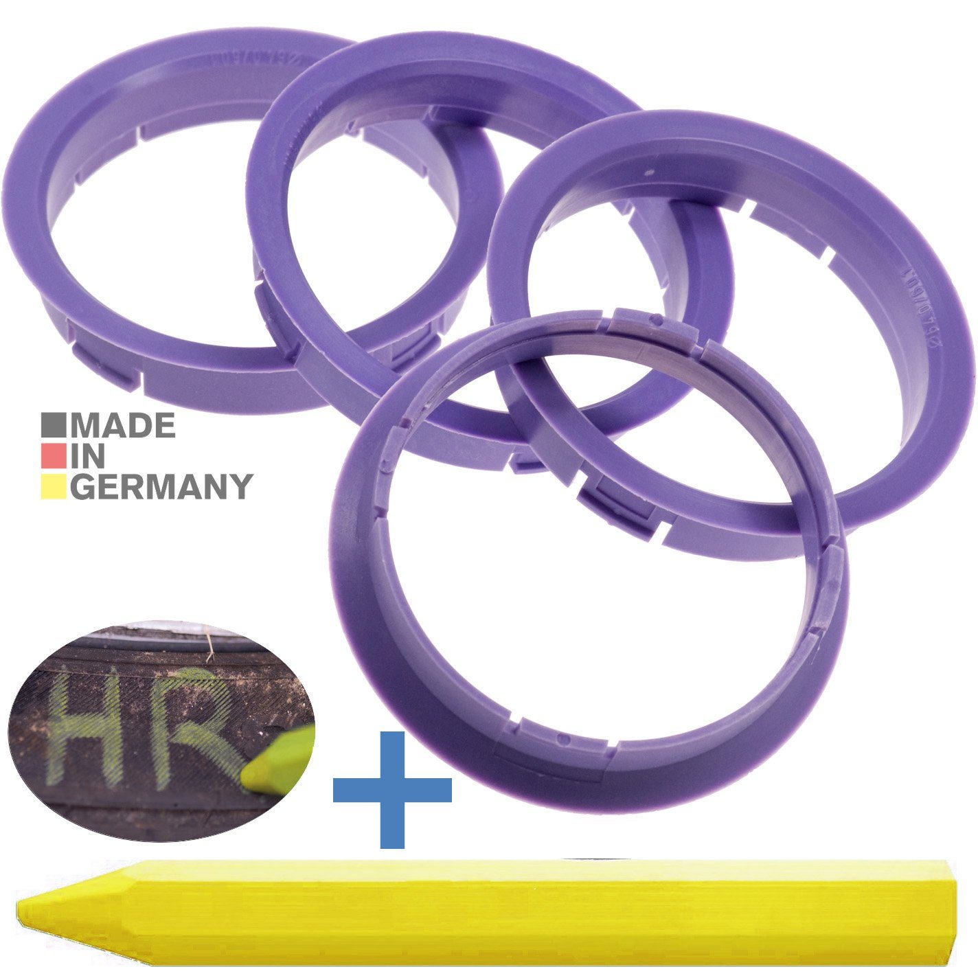 BRANDT AUTOMOTIVE Reifenstift 4X Zentrierringe Lila Felgen Ringe + 1x Reifen Kreide Fett Stift, Maße: 64,0 x 60,1 mm
