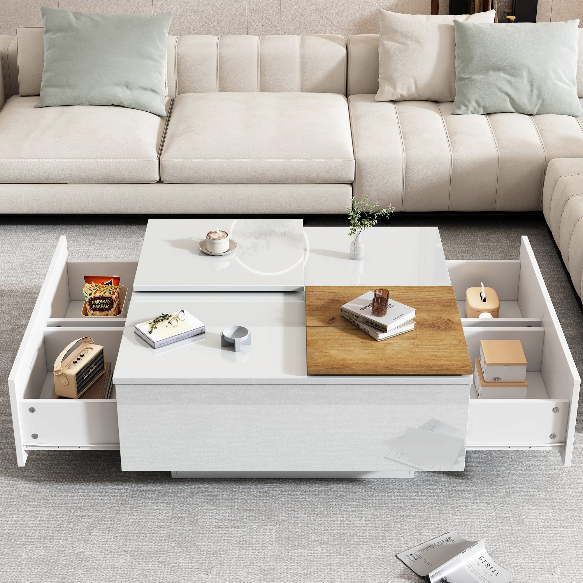 STILVORA Couchtisch mit verschiebbare Tischplatte,Wohnzimmertisch Sofatisch mit Schubladen (Satztisch, Wohnzimmertisch Beistelltisch, 1-St., 4 Schubladen), Hochglänzender quadratischer Couchtisch mit Ablagefläche