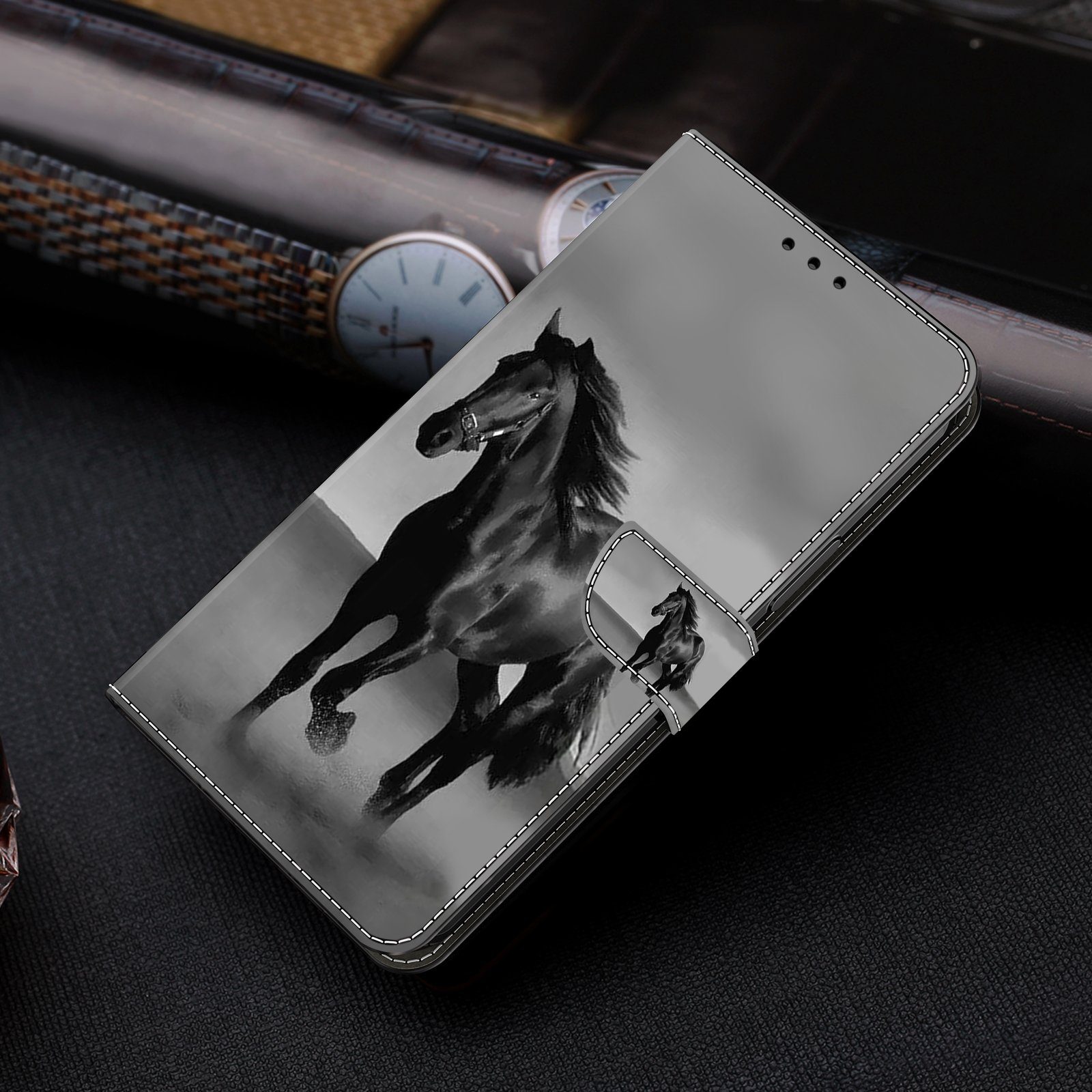 CLM-Tech Handytasche für Samsung Galaxy A15 5G Hülle Tasche aus Kunstleder Klapphülle (Pferd schwarz grau, Handyhülle Wallet Flip Case Cover Etui), Schutzhülle  – Bild 5 von 5