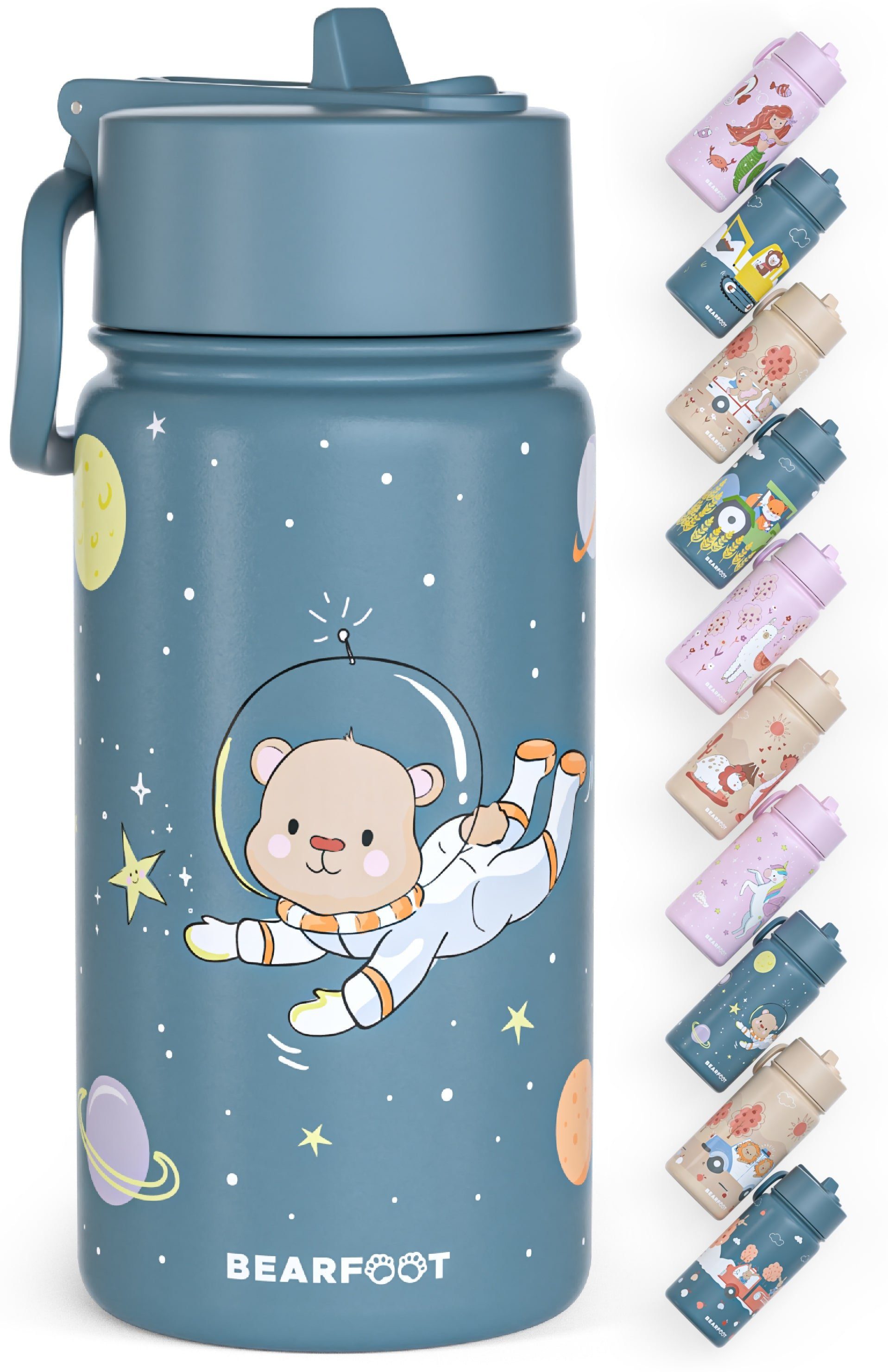 BEARFOOT Trinkflasche Thermo Kinder Trinkflasche Edelstahl - Astro Bär blau, Thermosflasche, auslaufsicher, Edelstahl, Kinderflasche, BPA-frei