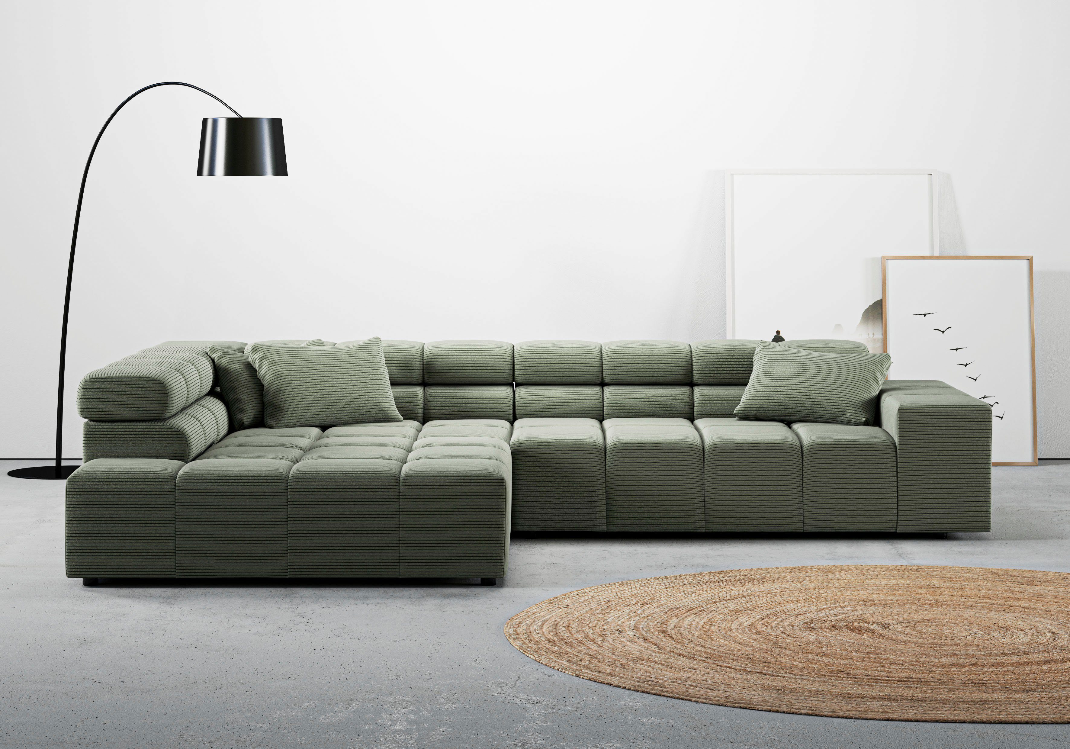 INOSIGN Ecksofa Ancona incl. Kopfteilverstellung, Zierkissen Breite 319cm, L-Form, wahlweise motorische Sitztiefenverstellung, auch in Cord + Easy Care