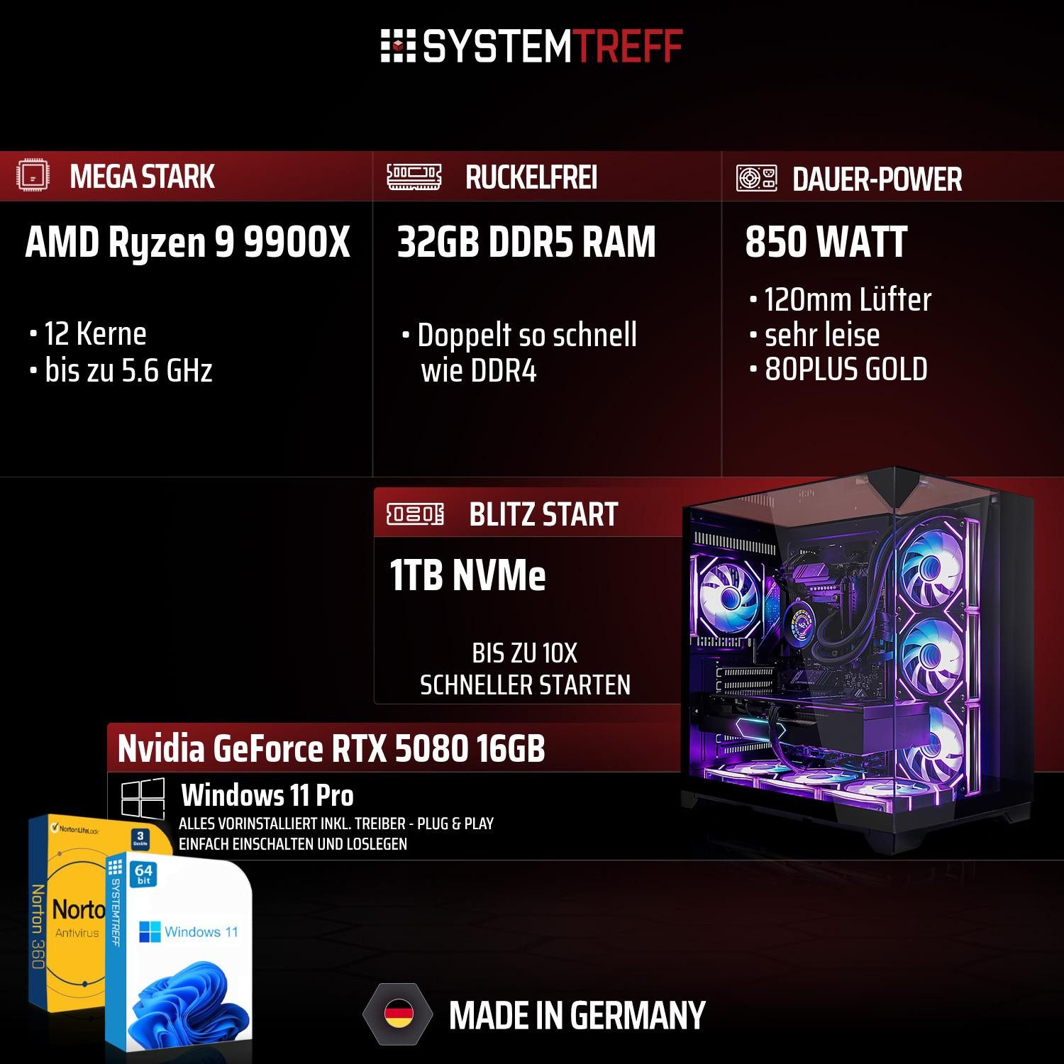 SYSTEMTREFF AMD Ryzen 9 9900X mit Nvidia GeForce RTX 5080 16GB Gaming-PC (AMD 9900X 9900X, Nvidia GeForce RTX 5080, 32 GB RAM, 1000 GB SSD, Wasserkühlung)