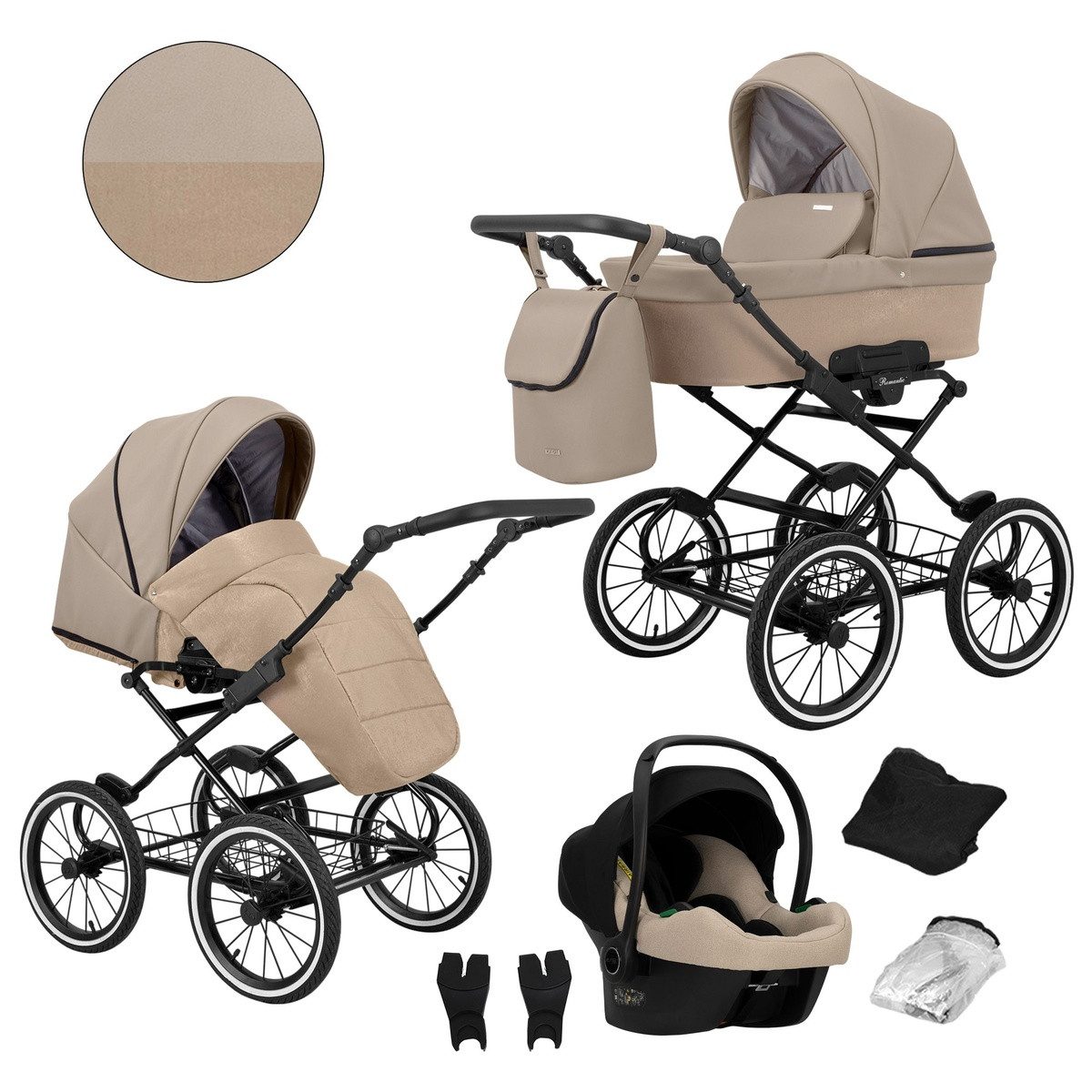 KUNERT Kombi-Kinderwagen Romantic 3-in-1 Öko-Leder Kinderwagen mit Cosmo Autositz, Große Tragewanne, stabiler Stahlrahmen, aufblasbare Räder