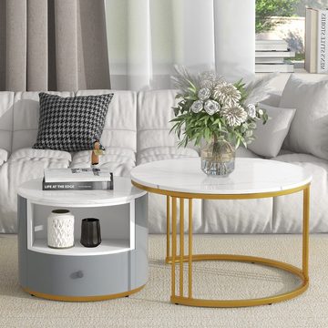 OKWISH Couchtisch 2er Set Rund Tisch Wohnzimmer Rund mit Metallgestell (Gorgeous & Durable Nutzen Sie den Raum voll aus, Einfache Installationsanforderungen Mehrere Anwendungen), Beistelltisch Weiss Modern Satztische fürs Wohnzimmer