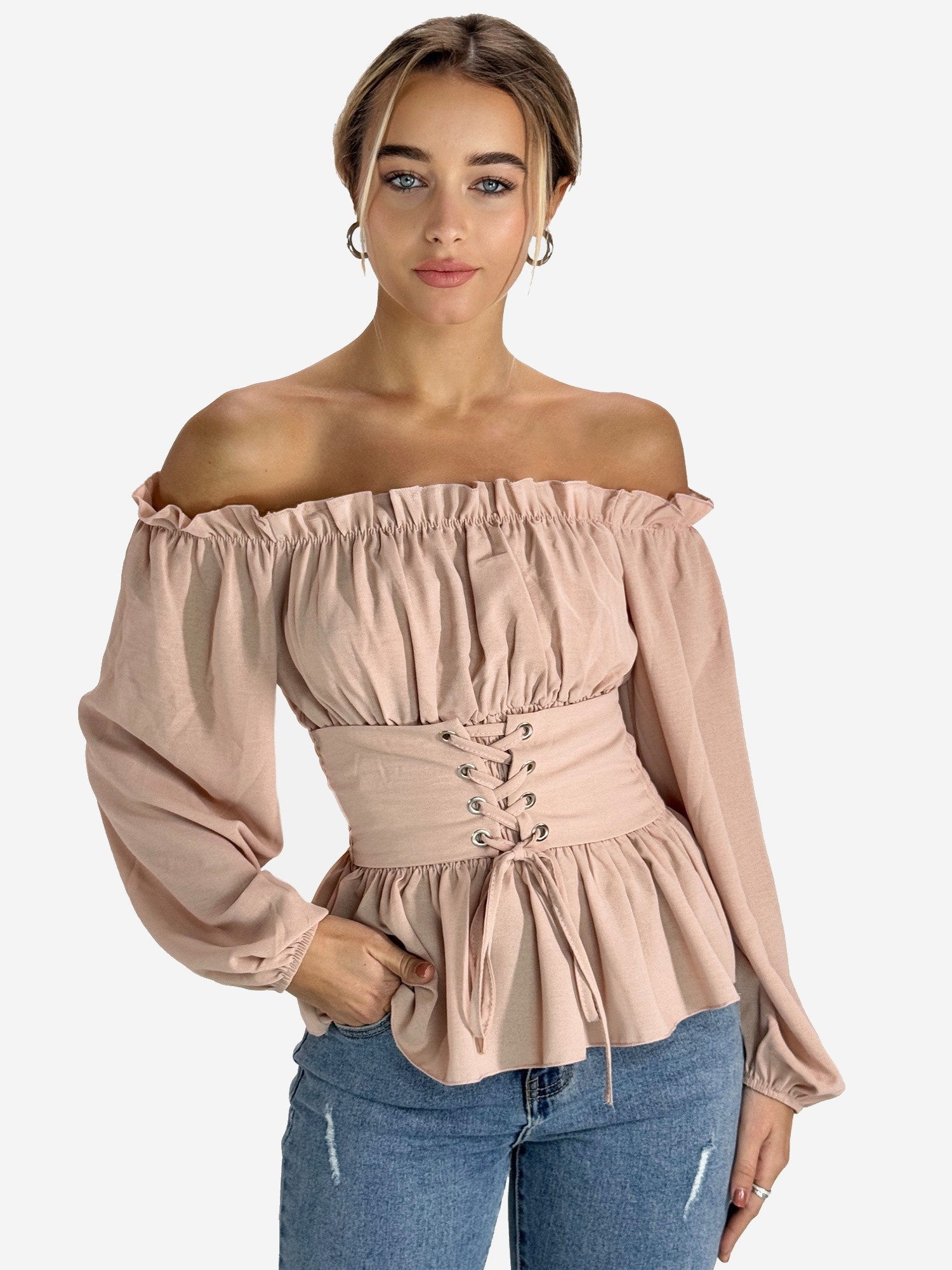 Elara Blusentop Damen Carmenbluse mit Schnürung, Smokbund und Ballonärmeln