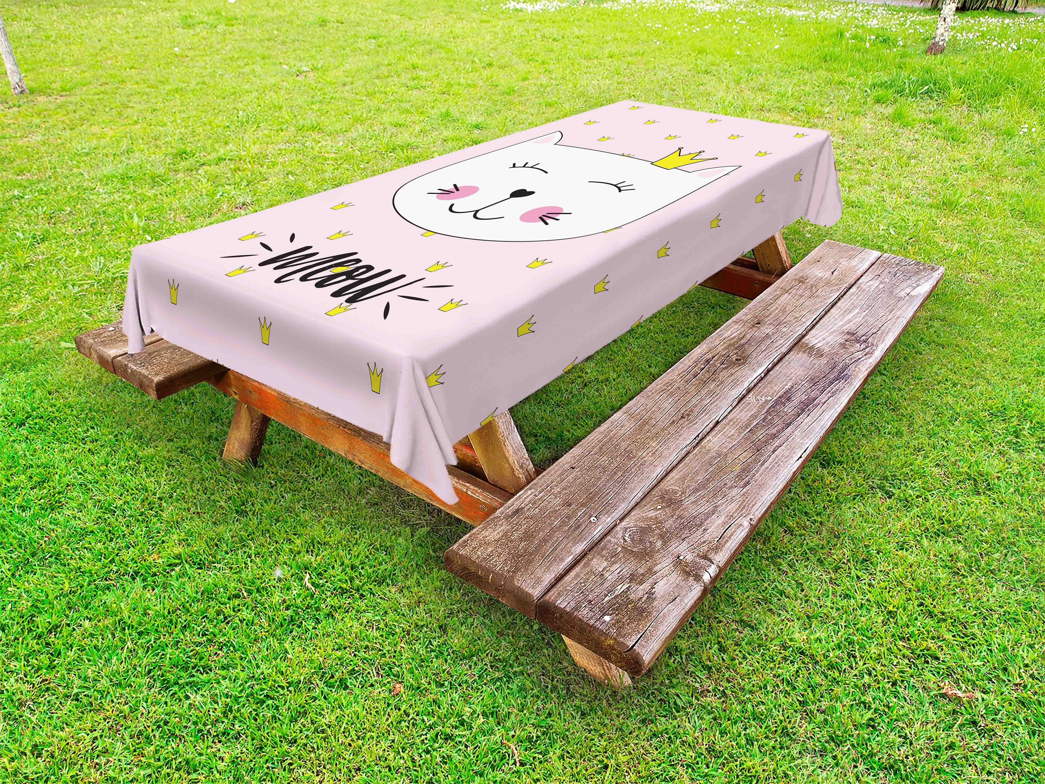 Abakuhaus Tischdecke dekorative waschbare Picknick-Tischdecke, Süße Katze Cursive Meow mit Krone