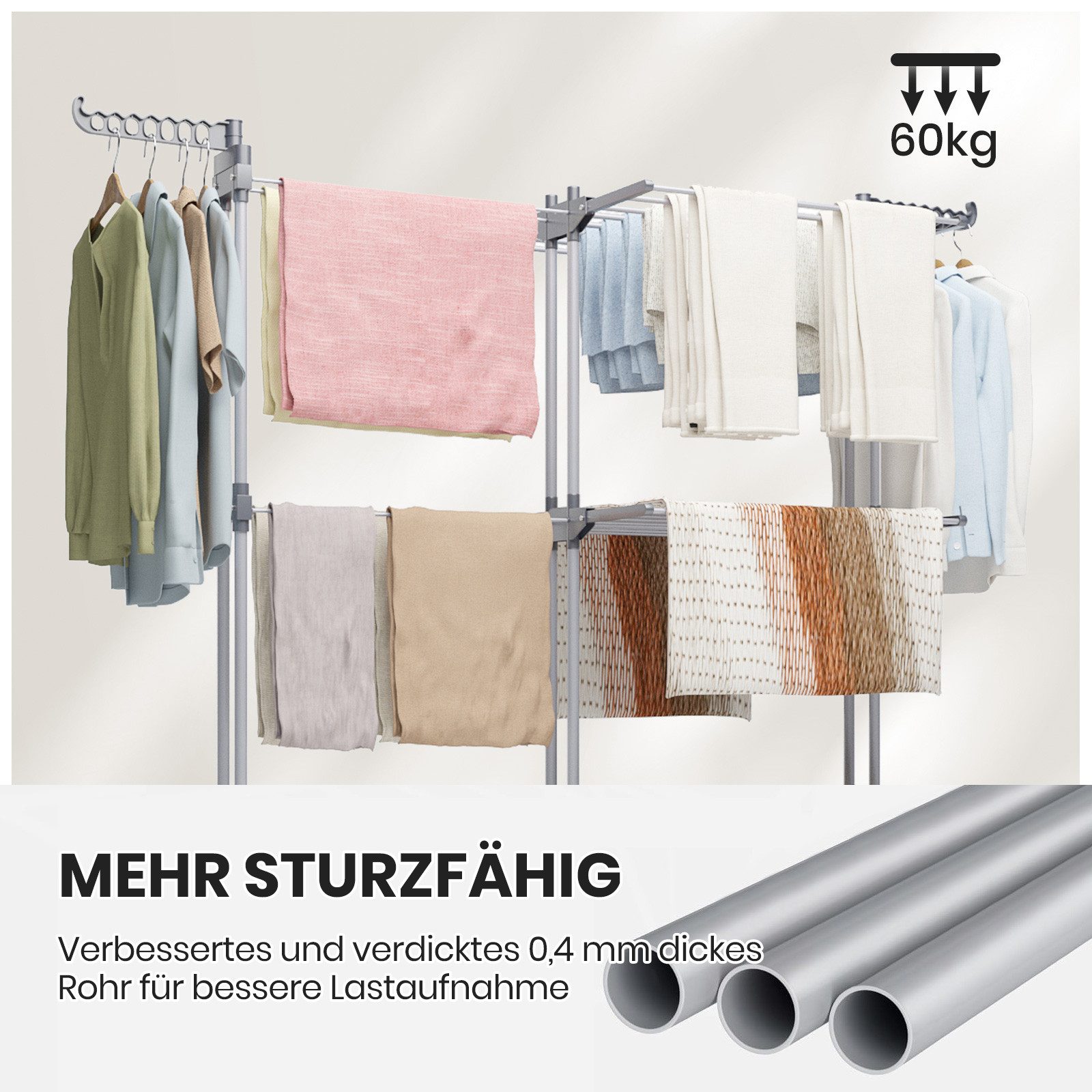 Oak&Tea Wäscheständer Ausziehbarer Wäscheständer Turm für Balkon & Wohnung, XXL Standtrockner, 4 Ebenen, klappbare zwischen 83-200cm, mit Rollen