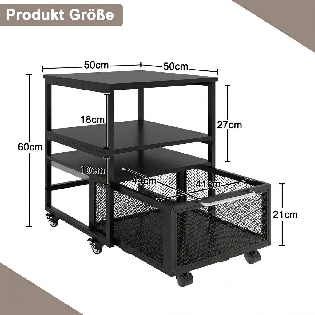 PUNCIA Beistelltisch mit Rollen und Metallkorb, 3-Stüfiger Kühlschrankständer, 50x50x60cm (1-St), Rollwagen mit Schublade, Küchenorganizer-Set