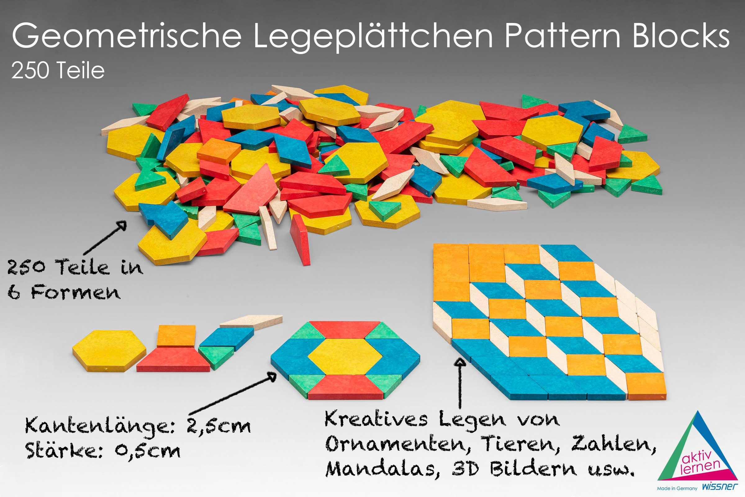 Wissner® aktiv lernen Geometrische  RE-Wood®, (250 Legeplättchen RE-Plastic® Pattern Lernspielzeug Blocks Teile)