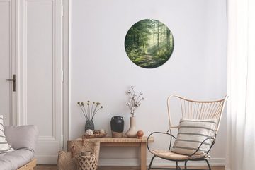 MuchoWow Gemälde Wald - Weg - Sonne - Bäume - Grün - Natur, Waldweg (1 St), Kreis Wanddekoration Forex, Rundes Wandbild, Wohnzimmer, 30x30 cm