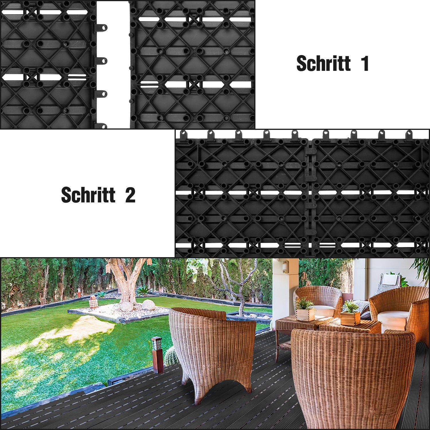 30x30cm Holzfliesen Holzoptik Terrassenfliesen Bodenbelag in für mit Lospitch Garten Klicksystem und 1m² Balkon, Drainage Holzfliesen Anthrazit