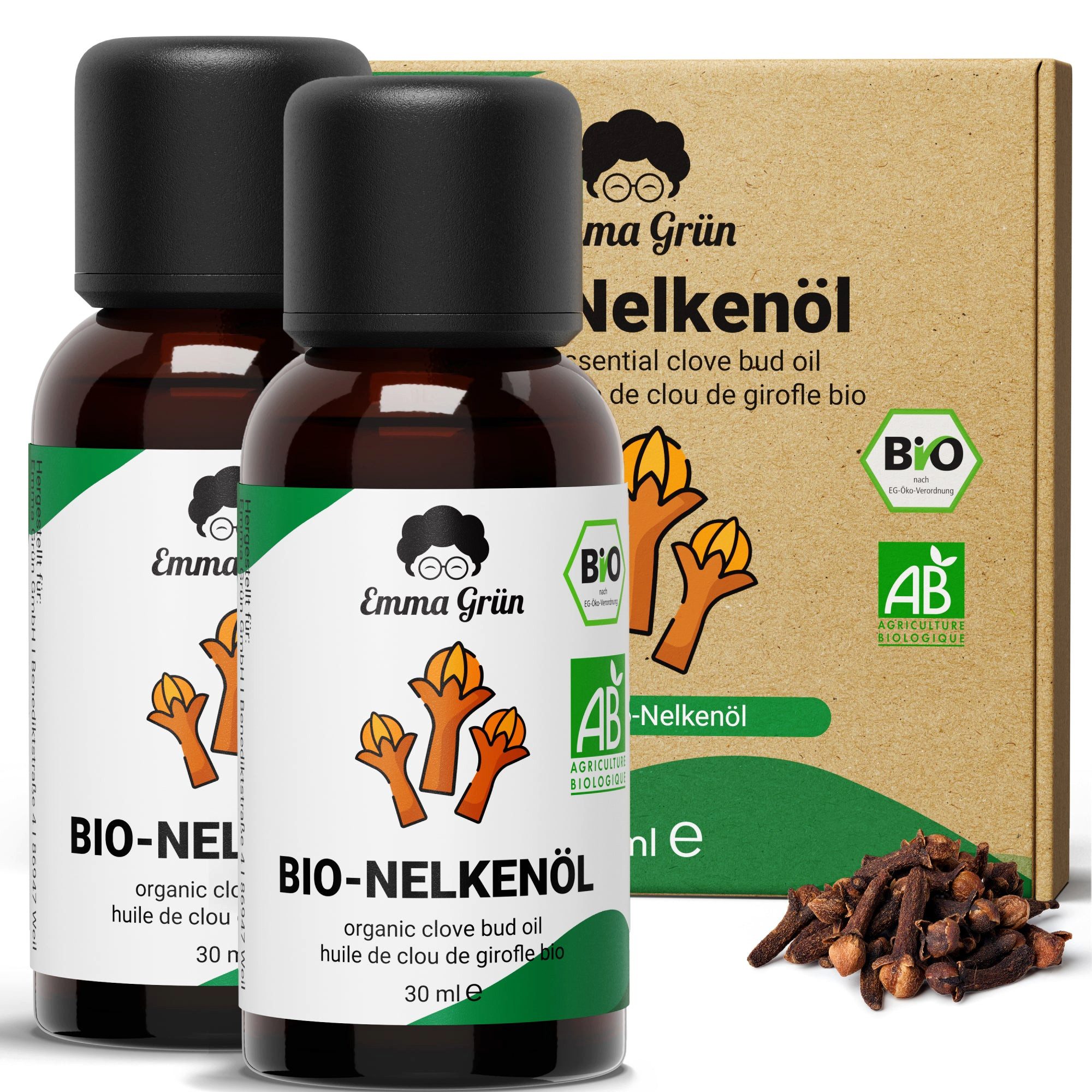 Emma Grün Duftöl Bio Nelke 30 ml, ätherisch, naturrein & hochdosiert (Set, Je nach Auswahl: 1x, 2x oder 5x Bio Nelkenöl 30 ml), Höchste Bio-Zertifizierung als Lebensmittel, naturrein & ohne Zusätze