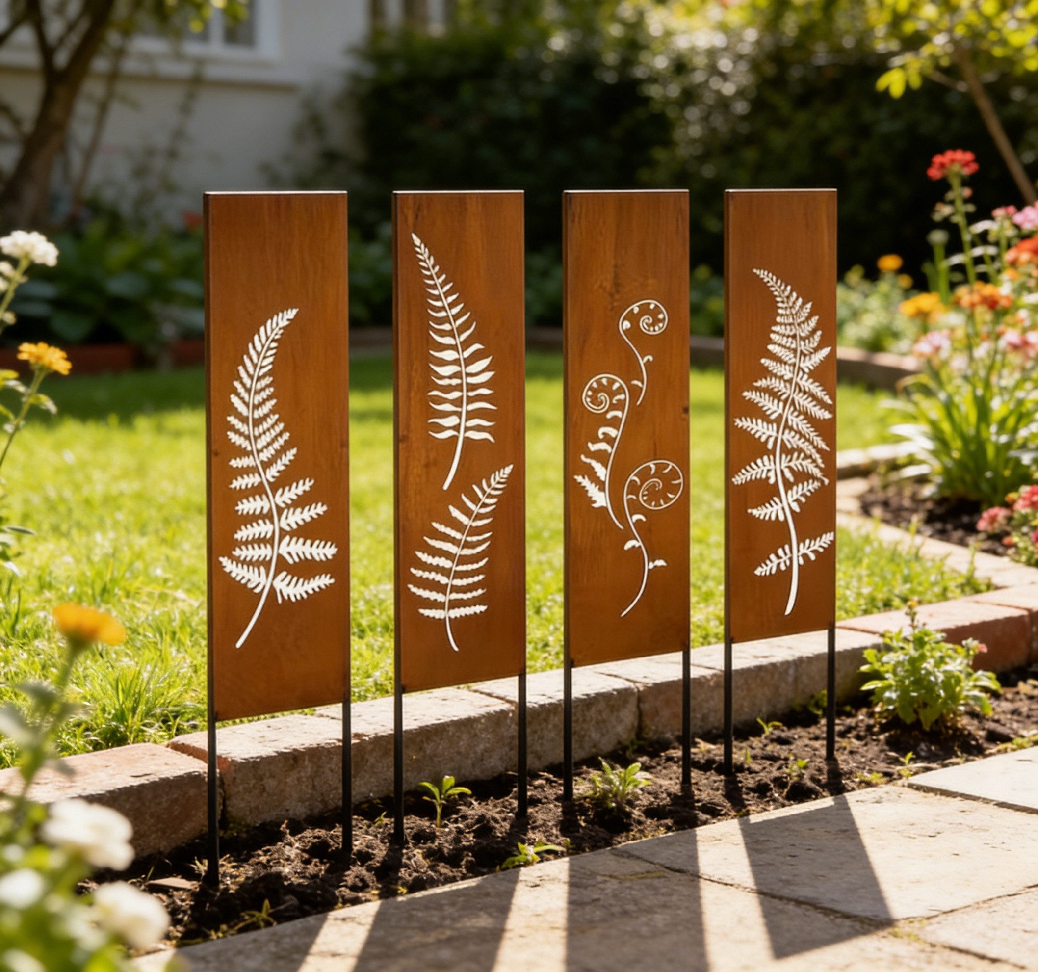 BlingBin Sichtschutzelement 4er Set Sichtschutz Metall, Rostoptik Sichtschutz für Garten, (4er Set, 4-St., Produktabmessungen: 11.15B x 44.8H cm), Sichtschutzelement - Sichtschutzwand - Gartendekoration Zaun - Rost