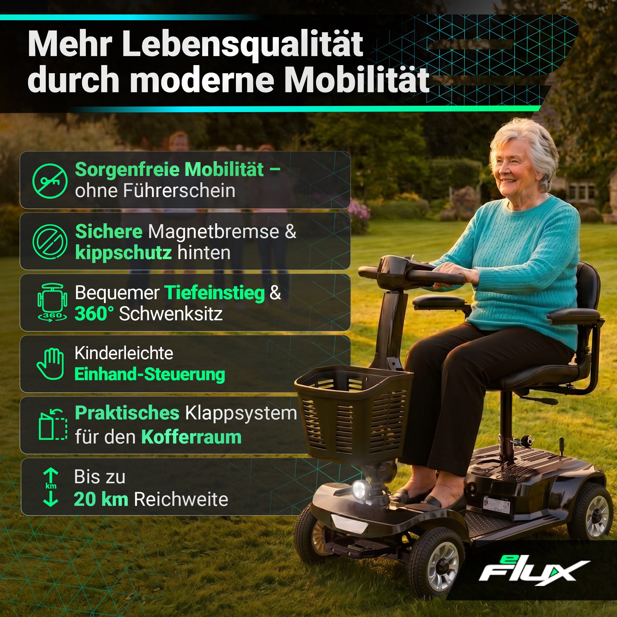 eFlux Elektromobil eFlux Mobility M1 Elektromobil Rollator, 250 W, (Senioren Elektromobil, E-Scooter Senioren, Mobilitätshilfe Senioren, Krankenfahrstuhl elektrisch, Seniorenscooter, Mobility Scooter, Elektromobil, Seniorenmobil, Elektro ScooterSenioren), Führerscheinfrei, Kein Versicherungskennzeichen, Zuladung bis 190 kg