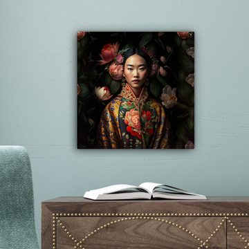 OneMillionCanvasses® Leinwandbild Frau - Asiatisch - Kimono - Blumen - Porträt, (1 St), Leinwand Bilder für Wohnzimmer Schlafzimmer