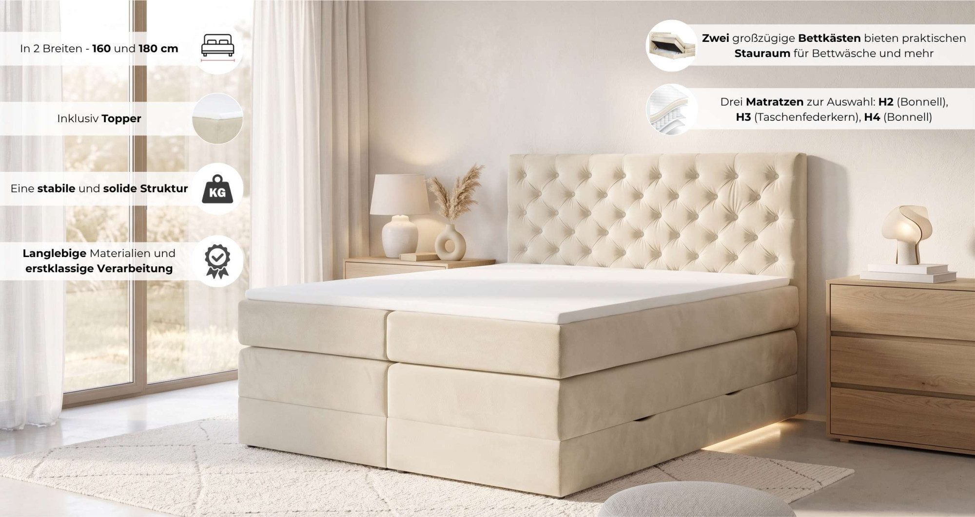 Home affaire Boxspringbett SELJORD mit Bettkasten, Matratze und Topper, Breite 160 oder 180 cm, Bonnell- oder Taschenfederkernmatratze (H2, H3, H4), mit Knopfheftung
