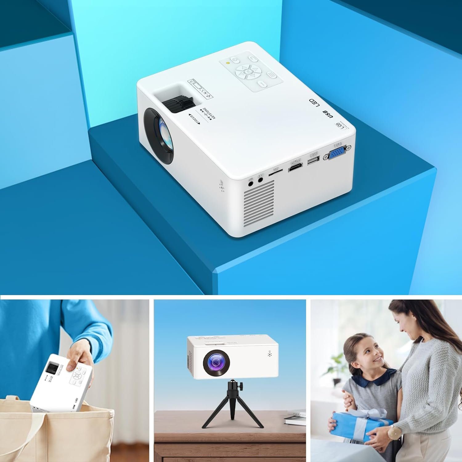 Projektor (5000:1, Full AKATUO x Kompatibel) px, Lumen Beamer Portabler Bluetooth 8500 1080P Mini HD 1920 1080 Heimkino