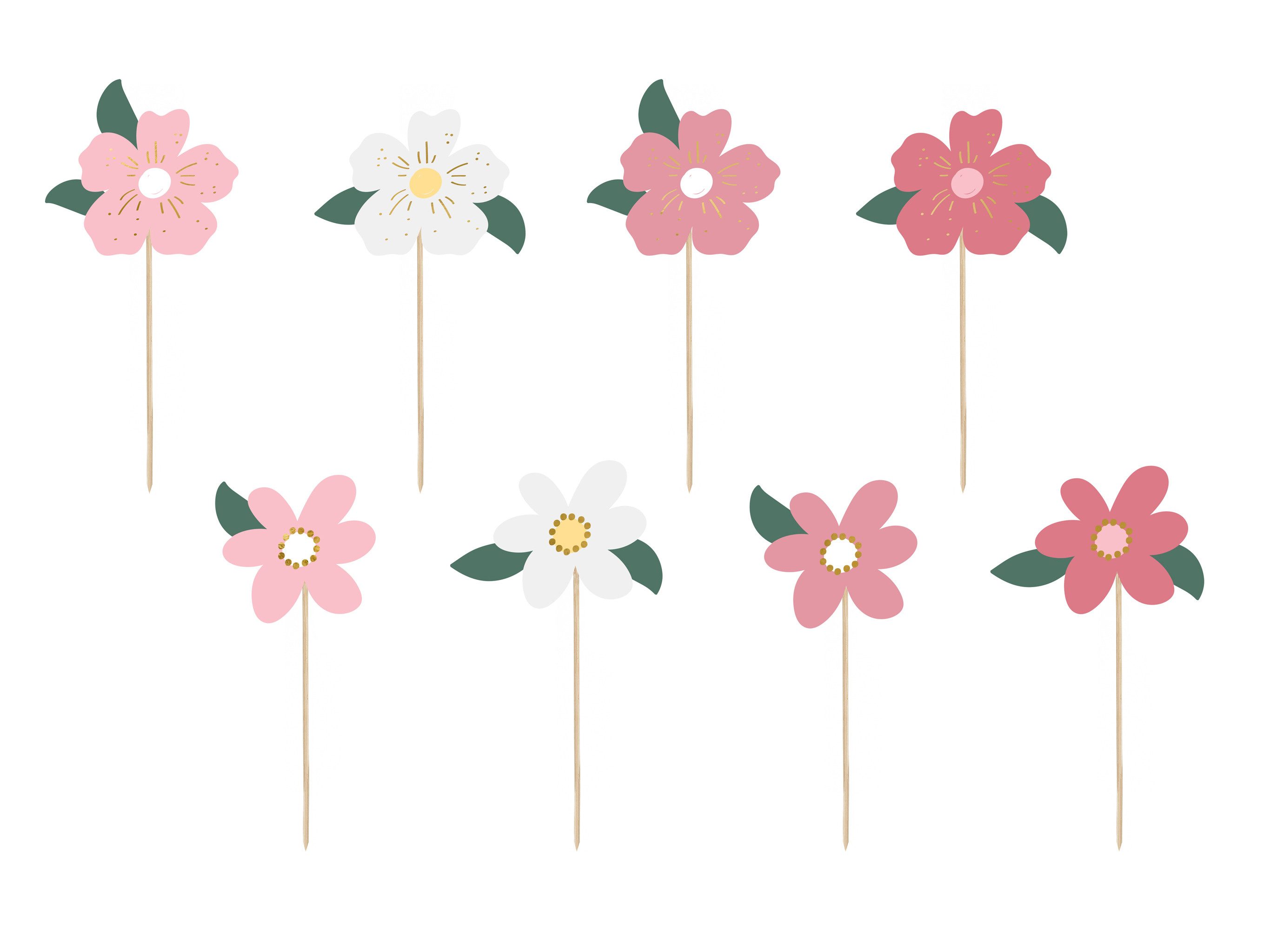 partydeco Tortenstecker, Cake Topper Blumen 13 - 14,5cm 8er Set Rosa